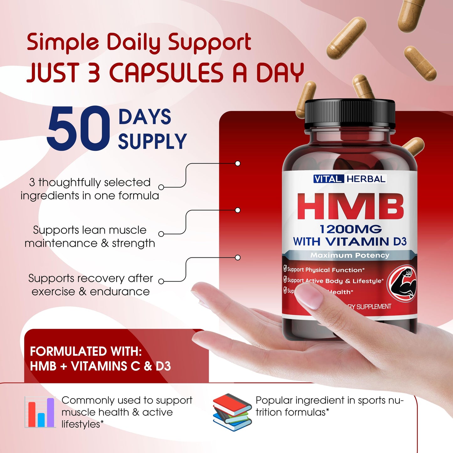 VITAL HERBAL Liposomal HMB with Vitamin D3 – Maximum Potency – Supports Muscle Health & Active Body 150 Capsules
