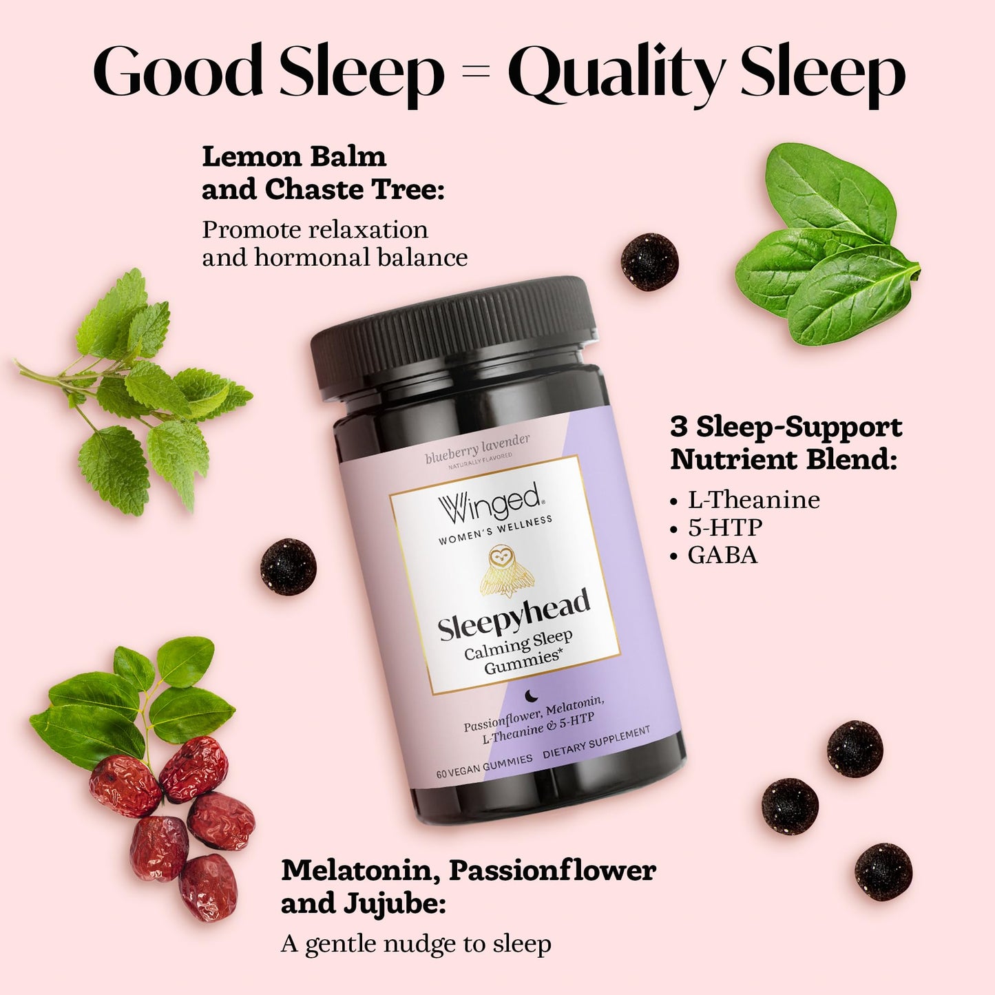 Winged Wellness Sleepyhead Natural Sleep Gummies for Women, 60 Count