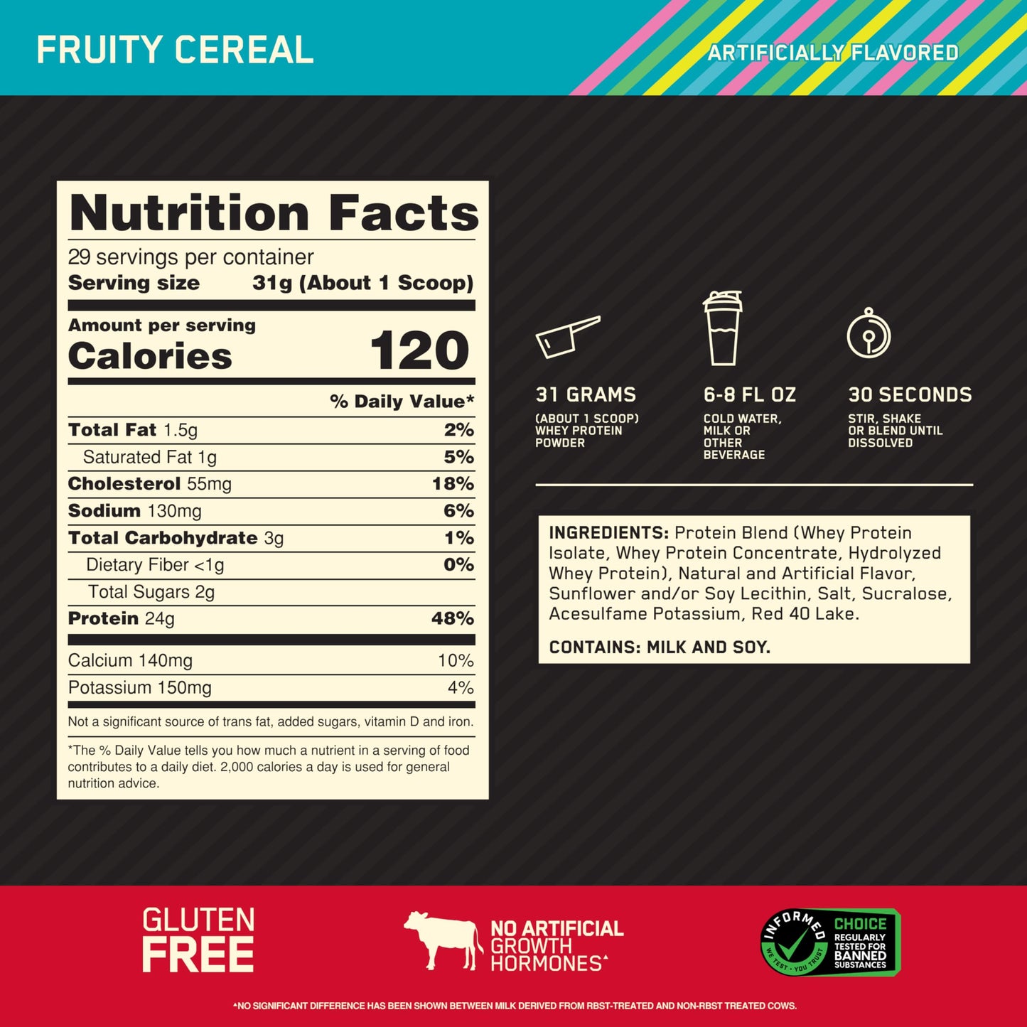 Optimum Nutrition Gold Standard 100% Whey Protein Powder Fruity Cereal, 32 Servings