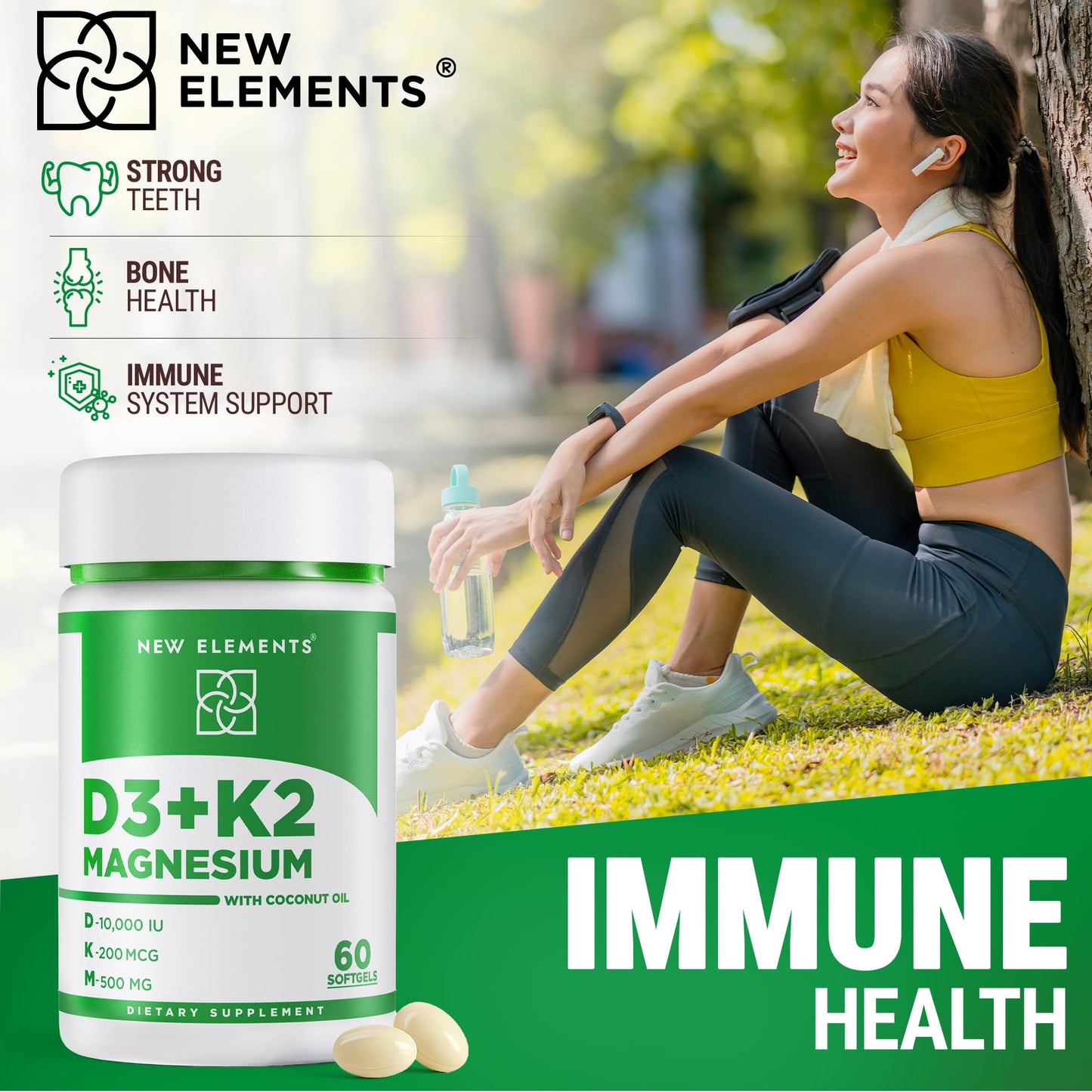 New Elements Vitamin D3 K2 10,000 IU with Magnesium Glycinate 500mg Softgels, 60 Count