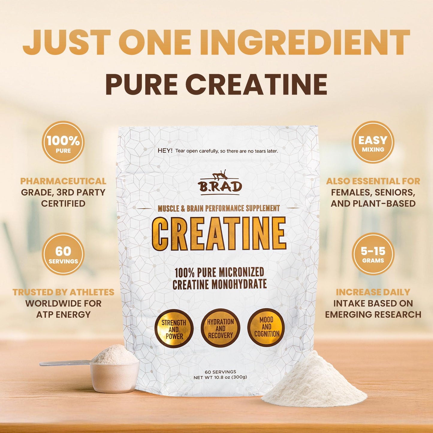 B.rad 100% Pure Micronized Creatine Monohydrate Powder, 1 Ounce