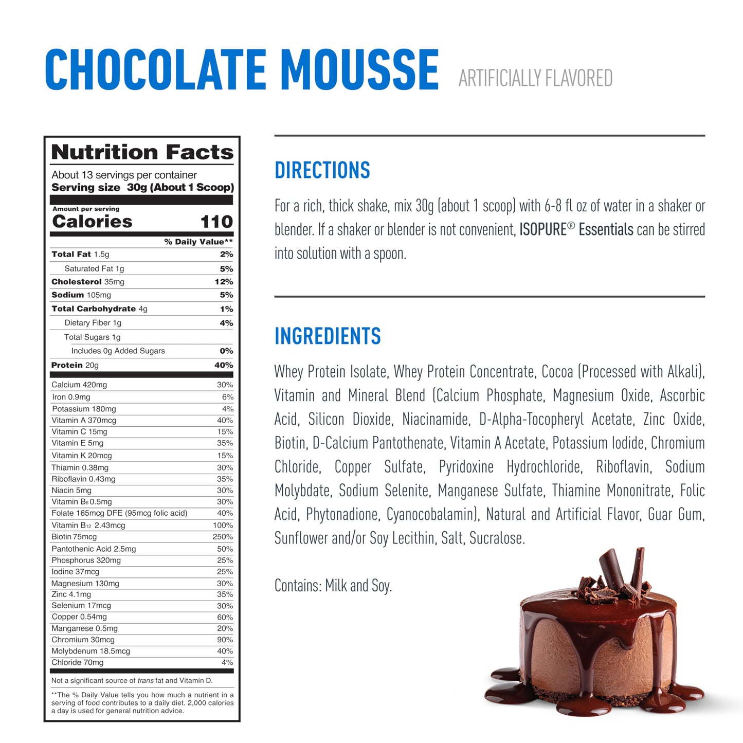 Isopure Essentials 100% Whey Protein Powder with Vitamins, Chocolate Mousse, 13 Servings