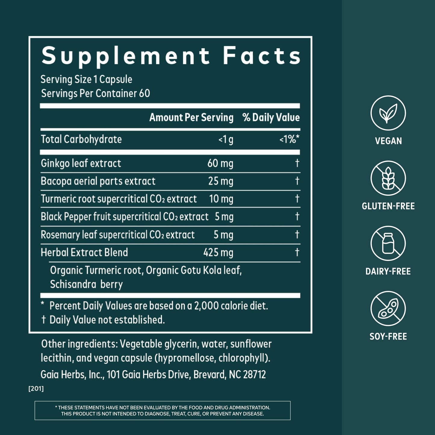 Gaia Herbs Agile Mind Brain Support Herbal Supplements, 60 Capsules