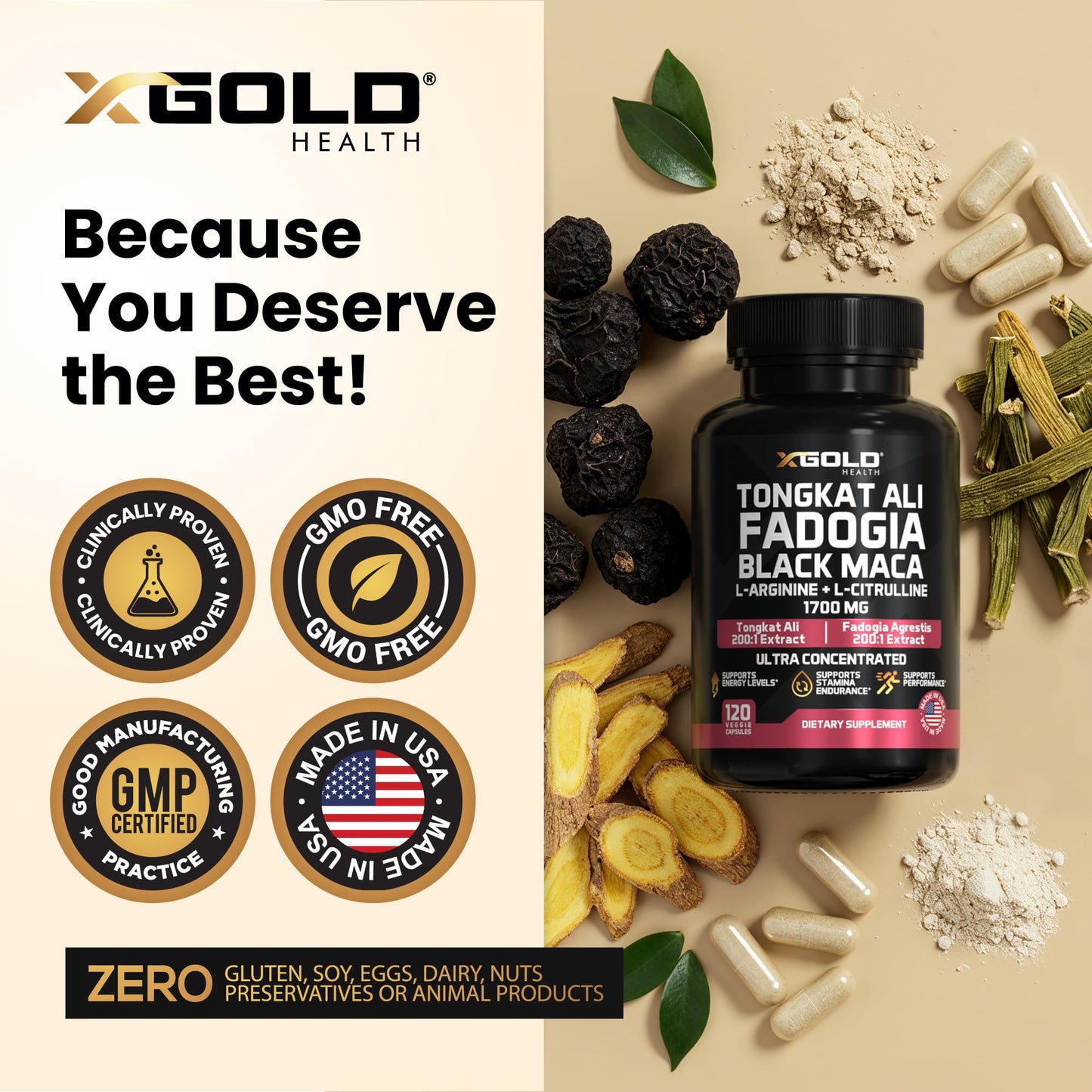 X Gold Health Tongkat Ali 200:1 + Fadogia Agrestis 10:1 for Men, 1700mg Performance Complex, Black Maca 10:1, L-Citrulline, L-Arginine, Energy, Stamina & Men's Vitality, Non-GMO, 120 Capsules