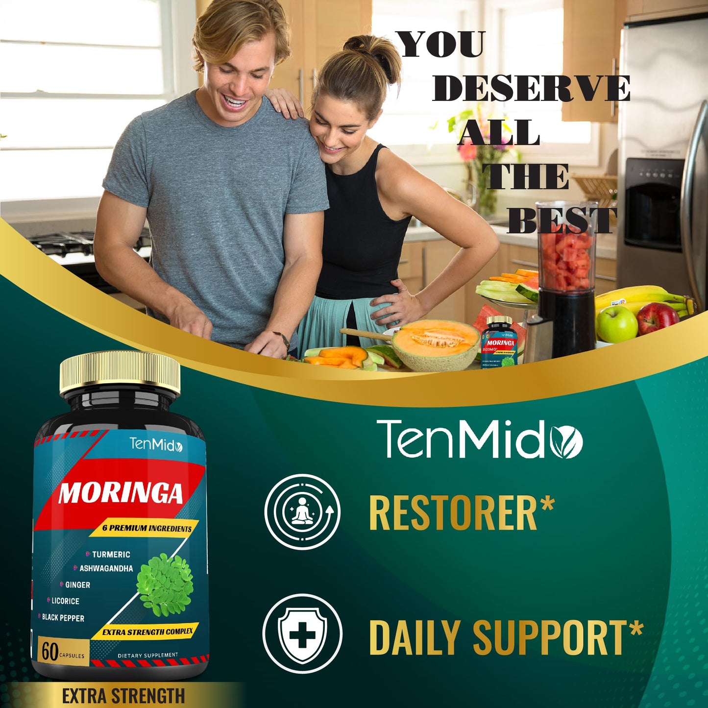 Tenmido Moringa Capsules with Turmeric, Ashwagandha, Ginger, Licorice & Black Pepper, Immune Support & Energy Booster, 120 Capsules