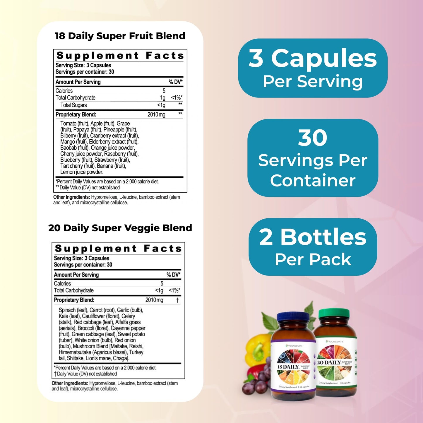 Youngevity 18 Daily Super Fruit Blend & 20 Daily Super Veggie Blend Capsules, Pack of 2