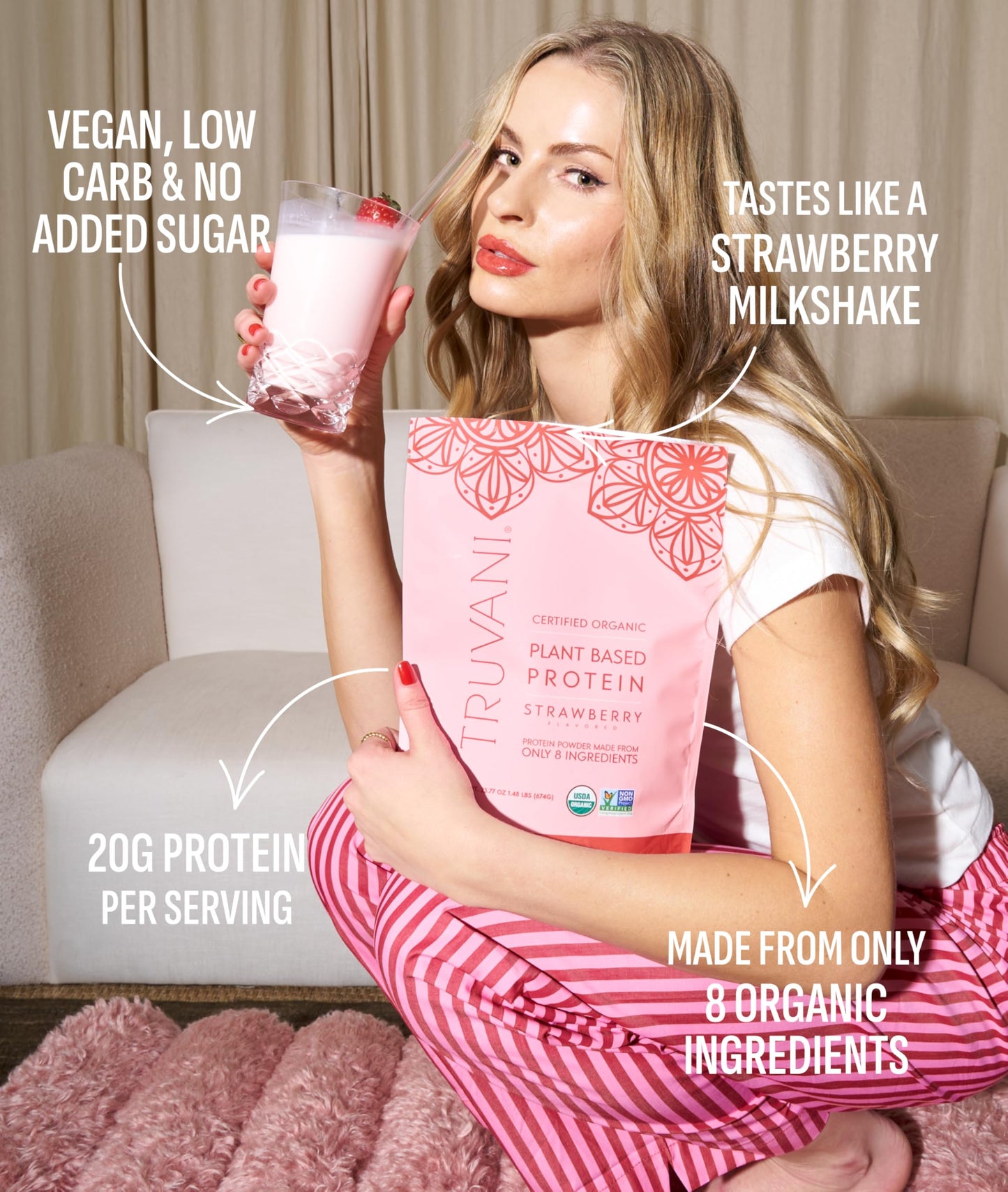 Truvani Vegan Pea Protein Powder Strawberry, 20 Servings