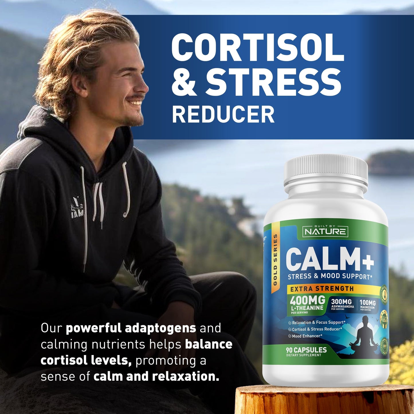 Built by Nature Calm+ Relaxation & Focus – Stress, Cortisol & Mood Support – Calm Supplement with L-Theanine, Ashwagandha, Magnesium Glycinate, Vitamin D3, 90 Capsules