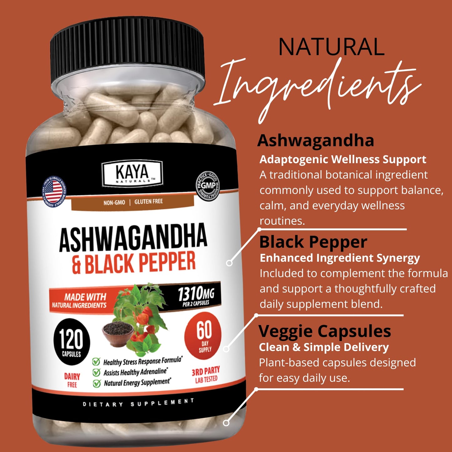 Kaya Naturals Ashwagandha 1300mg Capsules, 120 Count