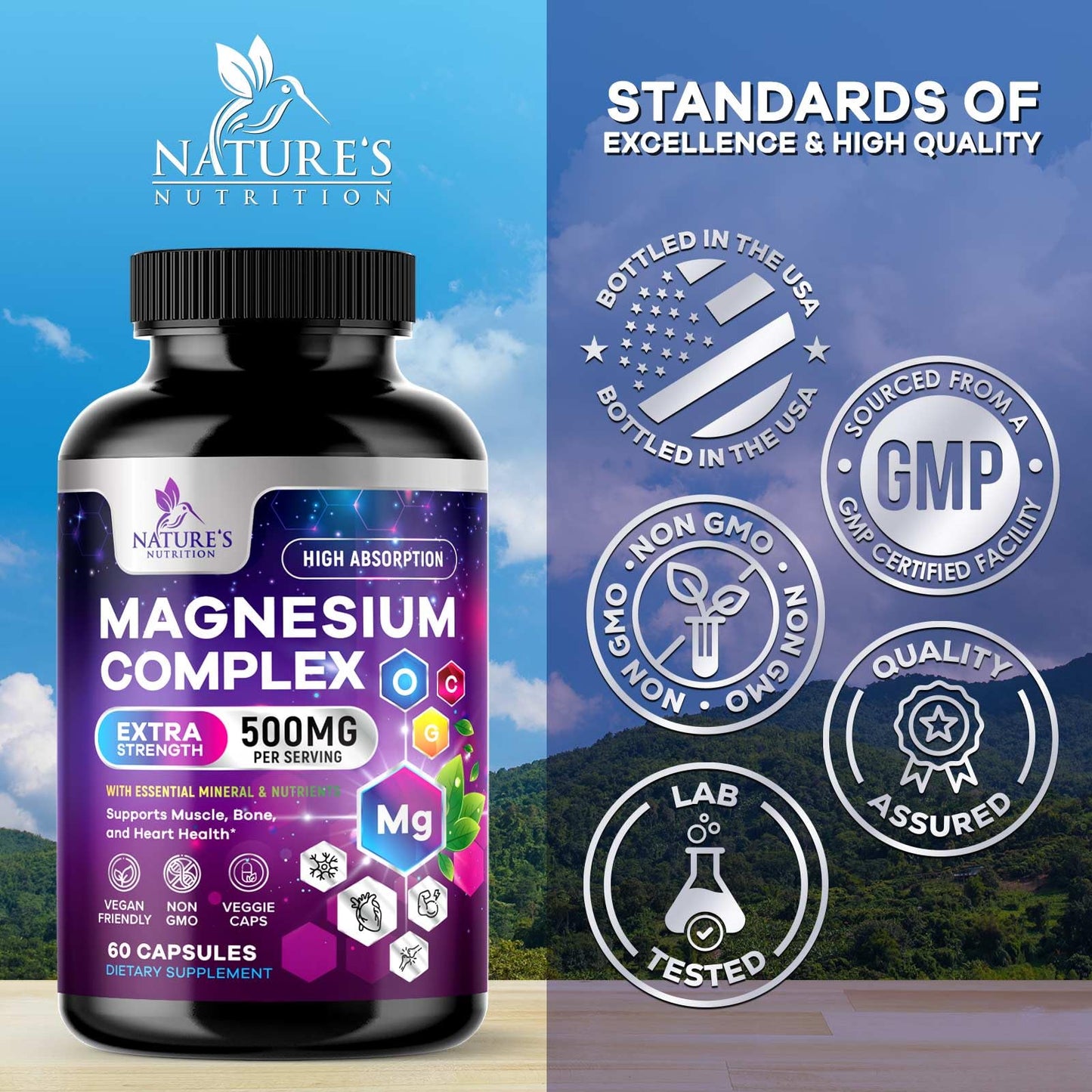 Nature's Nutrition Magnesium Complex Supplement 500 mg Per Serving - 4 in 1 High Absorption Blend - Chelated Magnesium Glycinate with Malate, Citrate & Oxide - Vegan Complex 60 Capsules