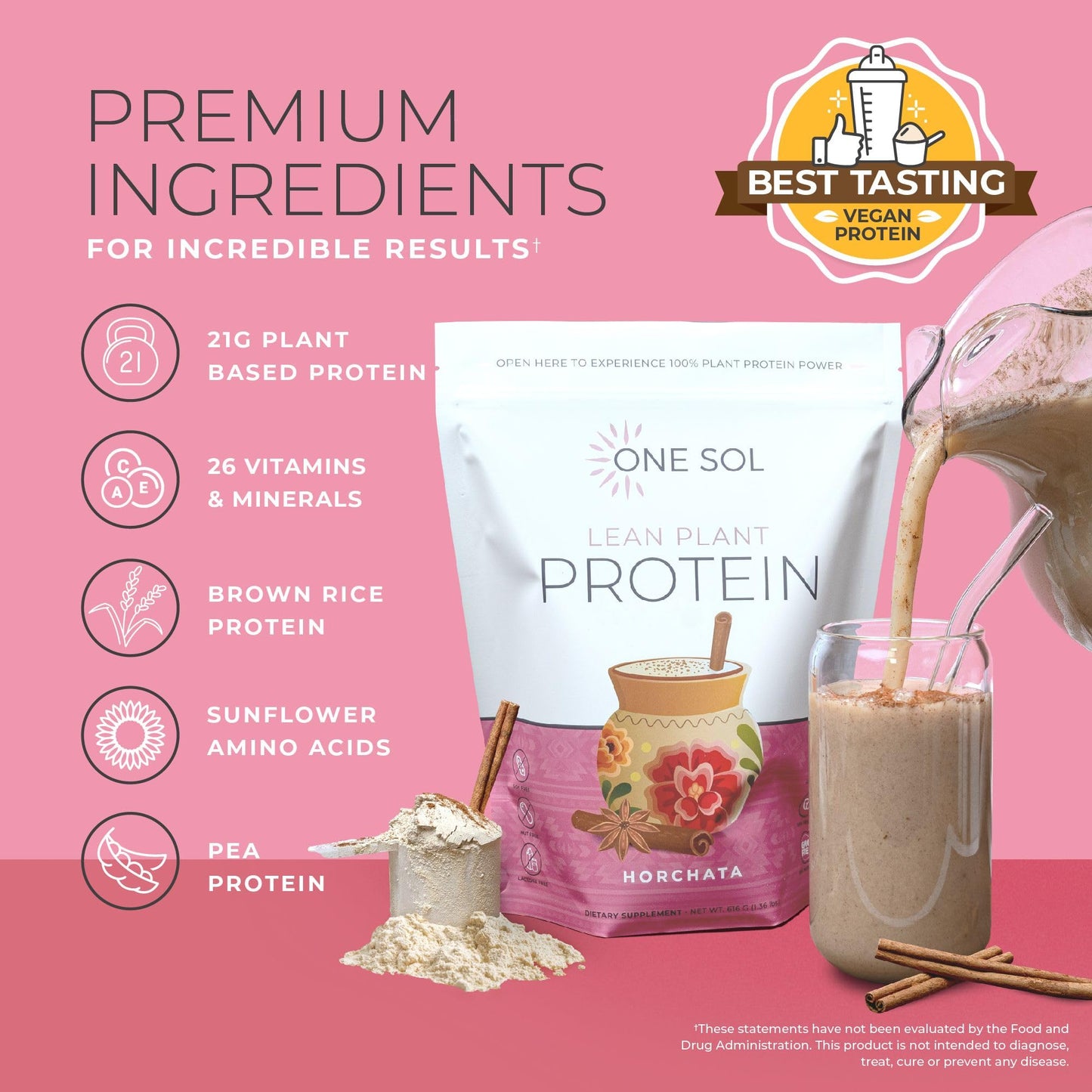 One Sol Lean Plant Protein Powder, Low Carb, Horchata, 21.76 oz