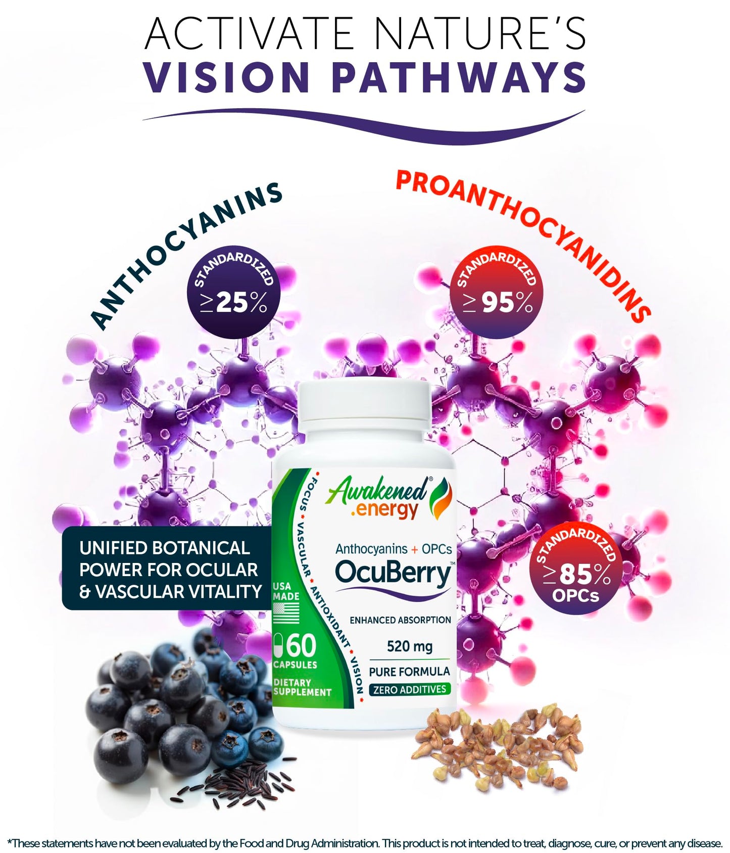 Awakened.energy OcuBerry Bilberry, Grape Seed, Black Currant & Black Rice Extracts Capsules, 60 Count