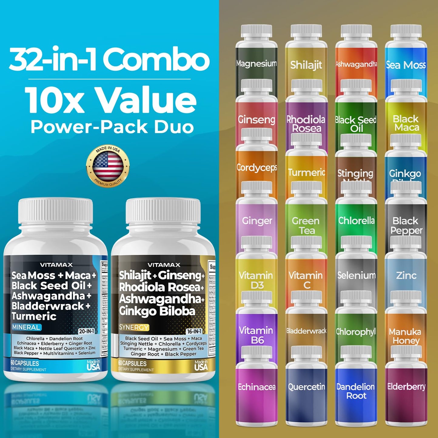 Vitamax Pure Himalayan Shilajit Supplement with Sea Moss, Ashwagandha, Bladderwrack, Ginkgo Biloba, Organic Capsules & Trace Minerals - Non-GMO - Vegan - Made in USA - 120 Capsules