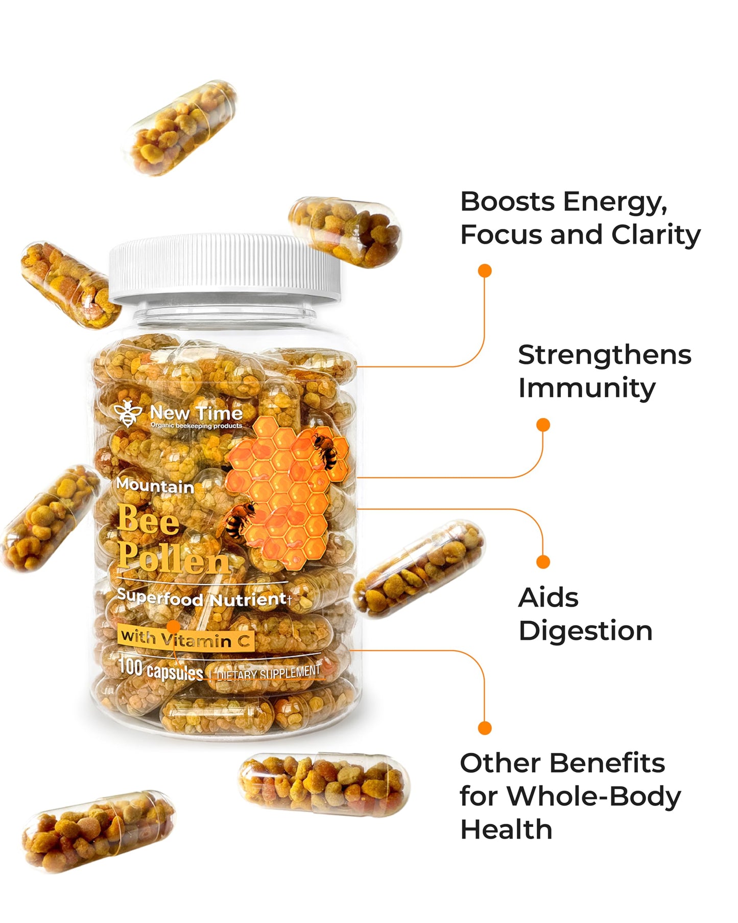 New Time Organic Beekeeping Products Bee Pollen Capsules, 60 Capsules