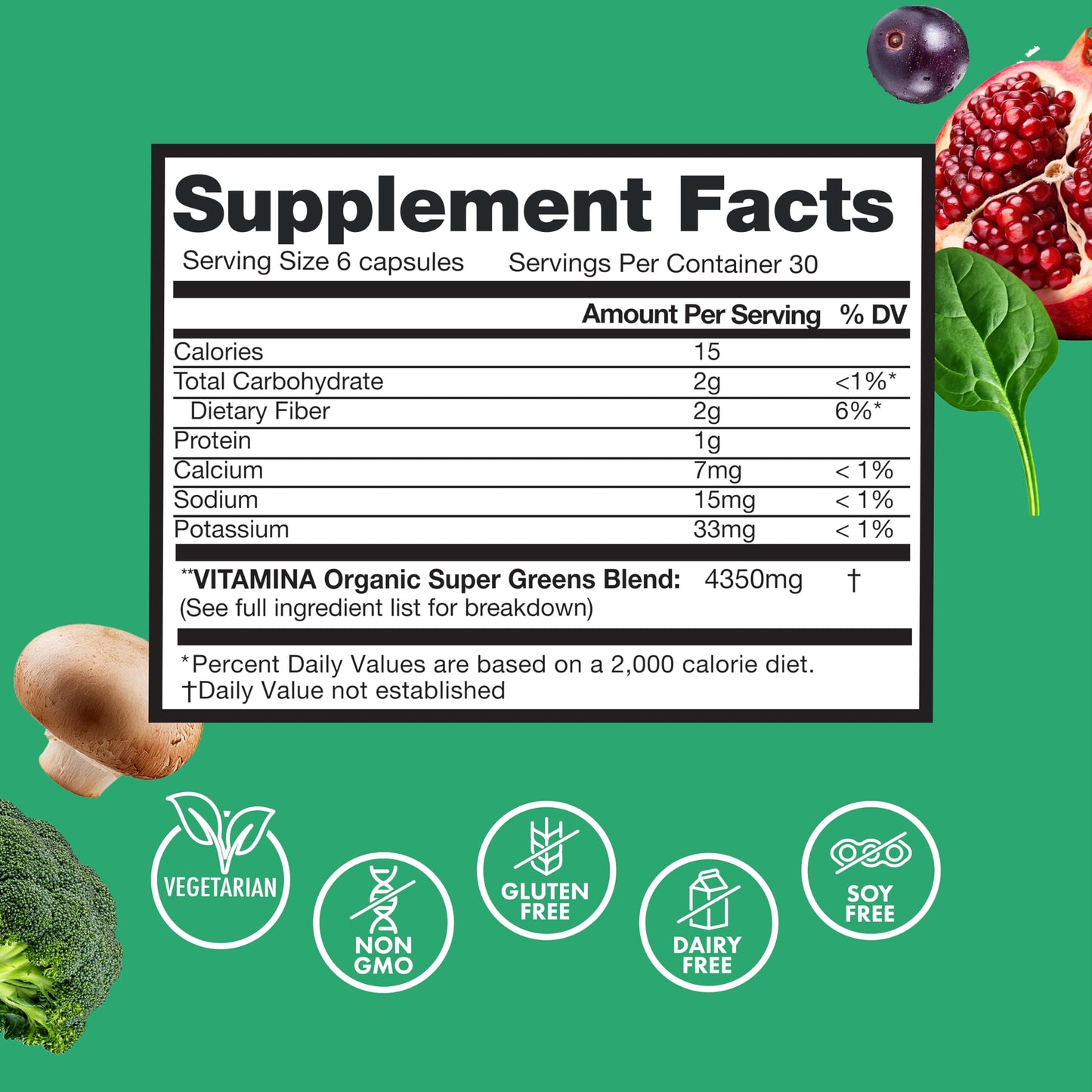 Zena Nutrition Organic Super Greens Fruit & Veggies Supplement Capsule, 180 Capsules