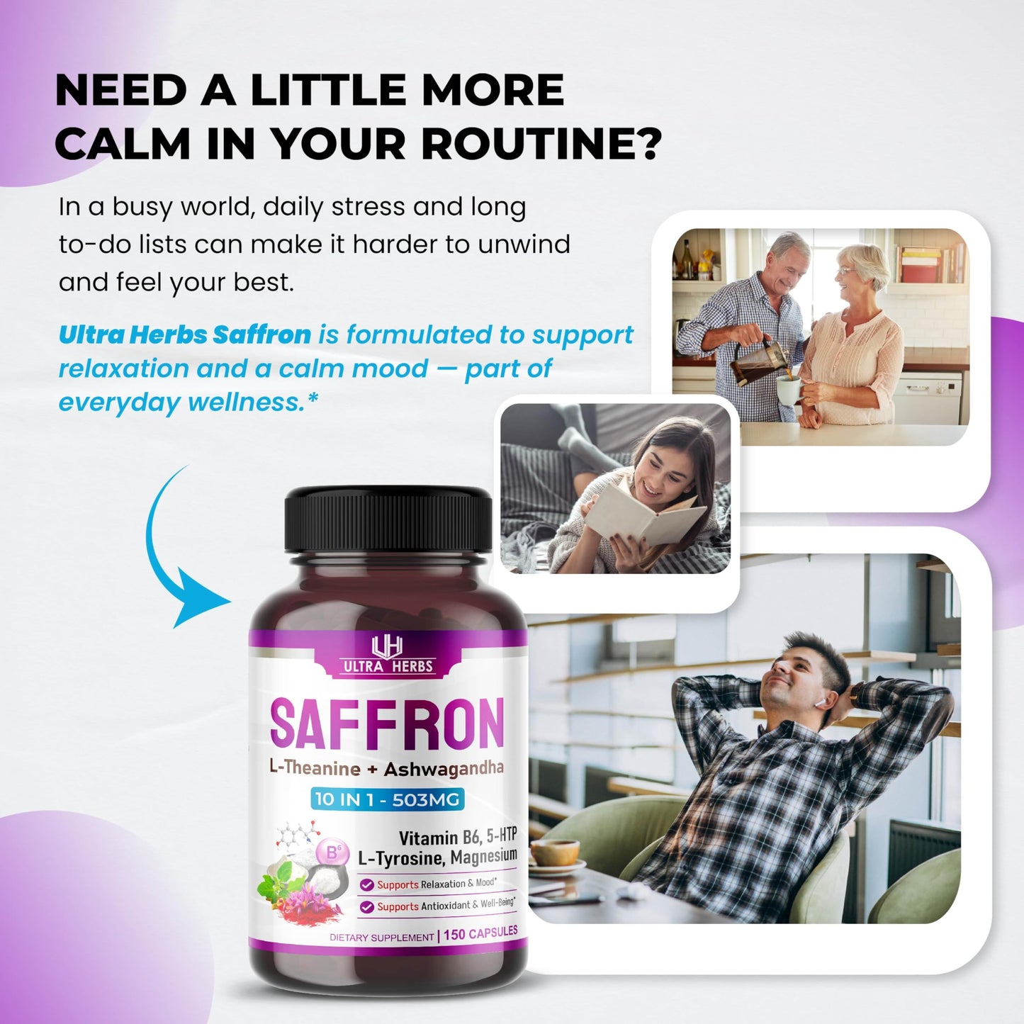 ULTRA HERBS Premium Saffron 10-in-1 – 905 mg with L-Theanine, Ashwagandha, Vitamin B6, 5-HTP, L-Tyrosine & Magnesium – Supports Restful Sleep, Calmness & Well-Being, 150 Capsules
