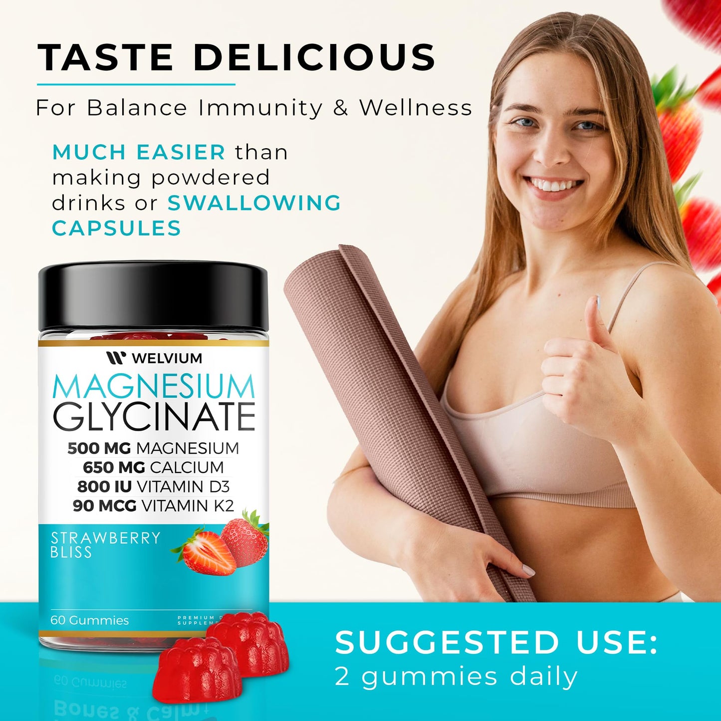 WELVIUM Magnesium Glycinate Gummies with Ashwagandha, L-Theanine, 500mg Magnesium Glycinate, 60 Gummies