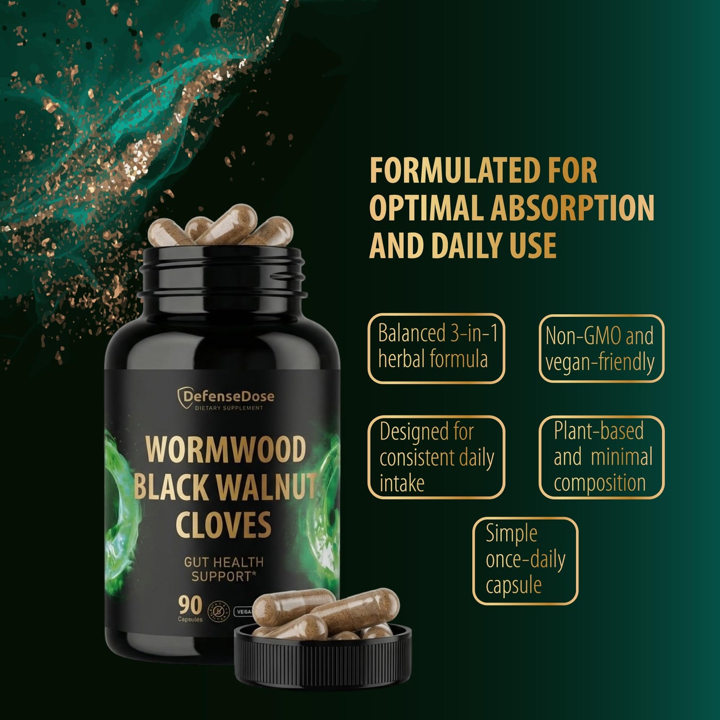 Defense Dose Wormwood Black Walnut Clove Cleanse for Humans Detox Gut & Intestinal Health Adults Supplement Capsules 90 Count