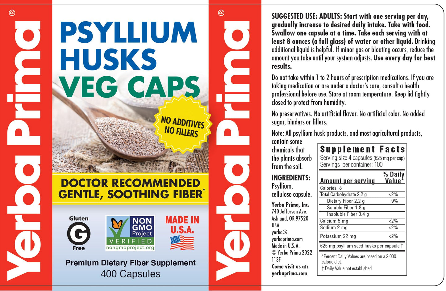 Yerba Prima Psyllium Husks Veg Capsules 800 Capsules