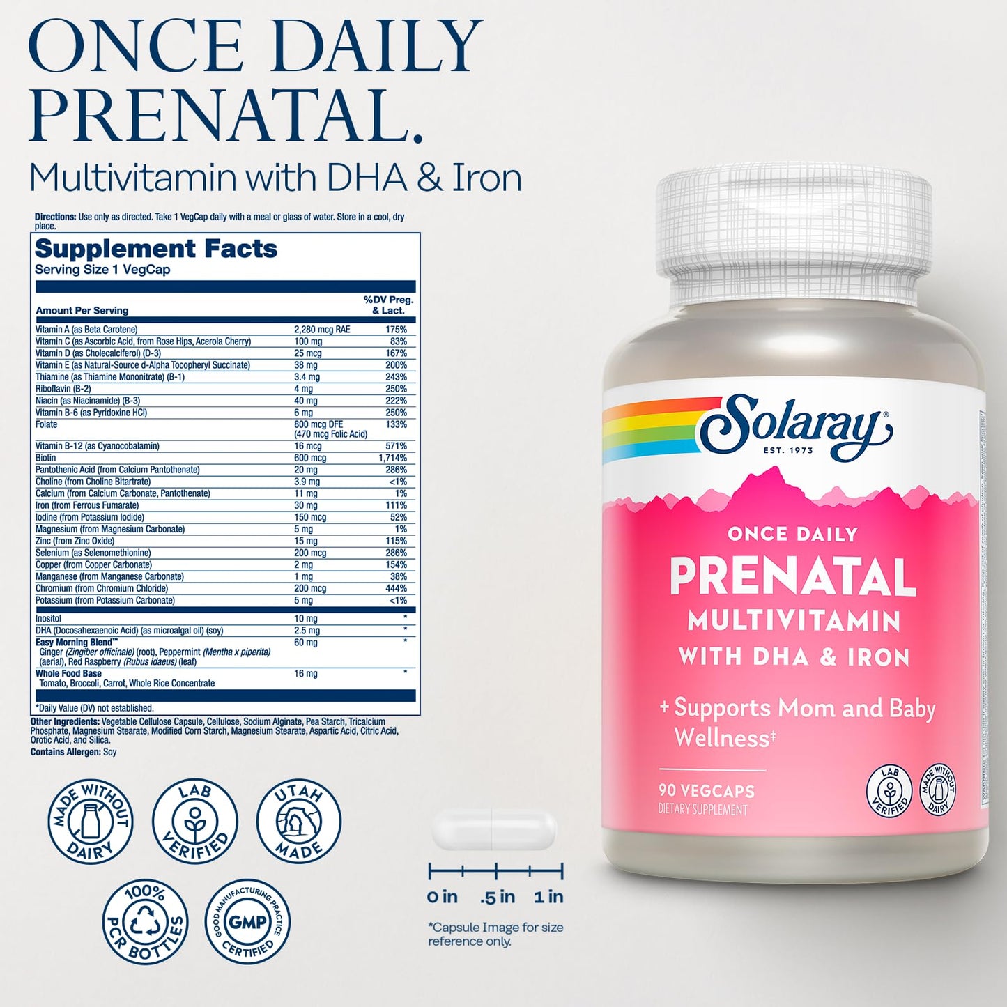 SOLARAY Once Daily Prenatal Multivitamin with DHA & Iron Capsule, 90 Count