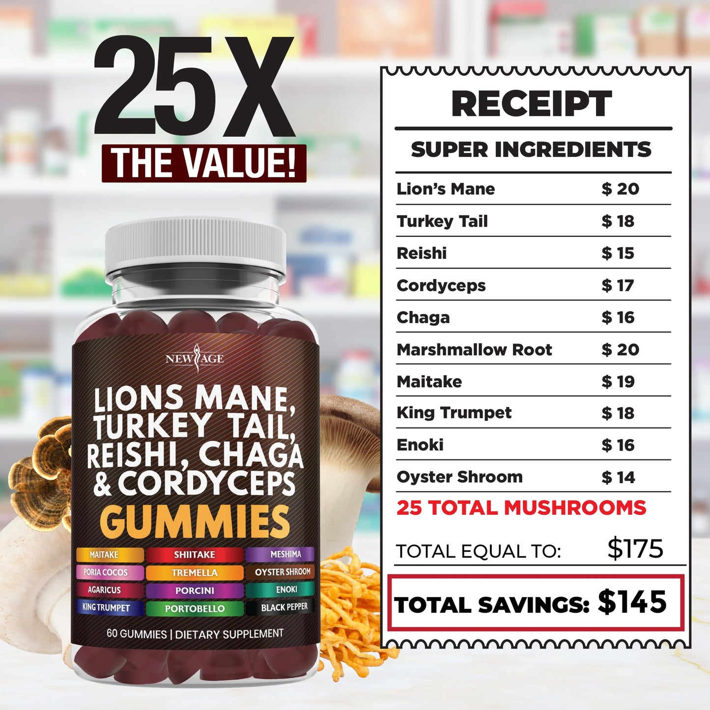 NEW AGE Mushroom Lion's Mane Supplement Gummies 120 Count