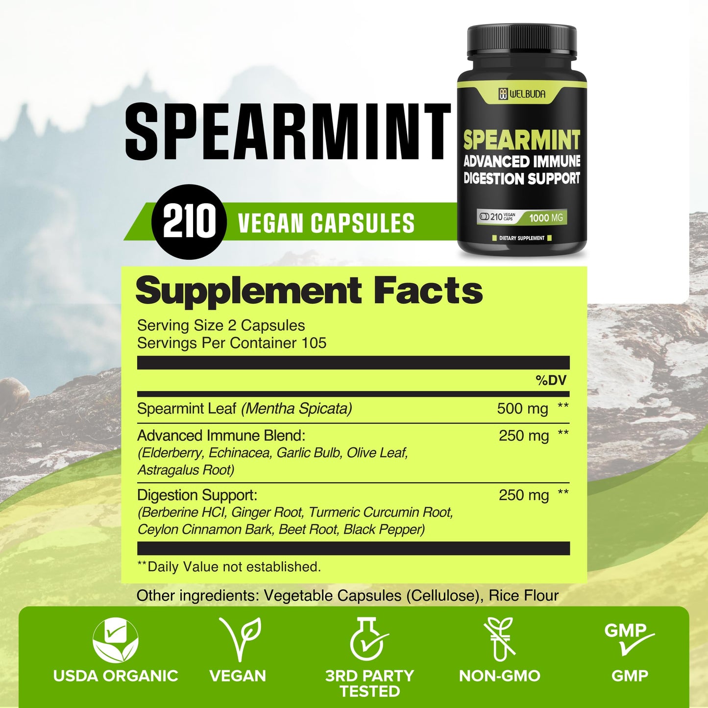 WELBUDA Spearmint Supplement with Olive Leaf, Ginger Root, Black Pepper 210 Capsules