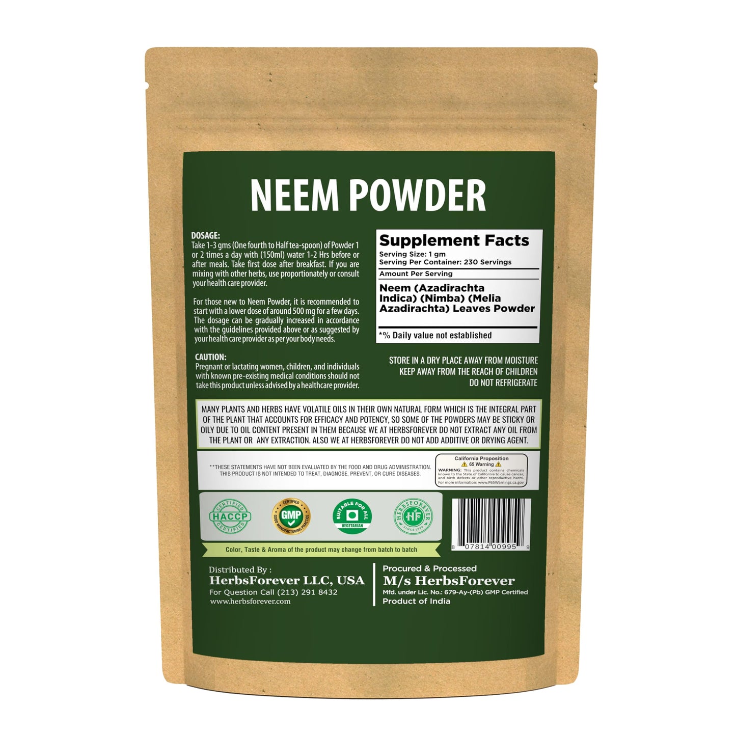 Herbsforever Neem Azadirachta Indica Powder 8.11 Ounce