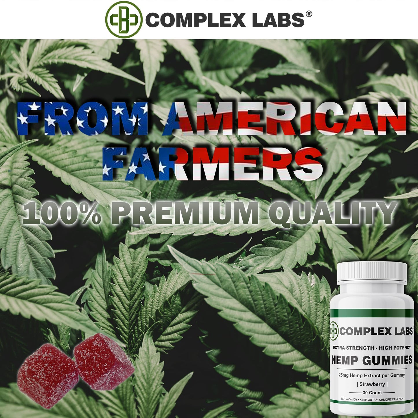 Cbdcomplex Labs Hemp Gummies 50mg per Gummy, 1500mg per Bottle, Strawberry, 30 Count