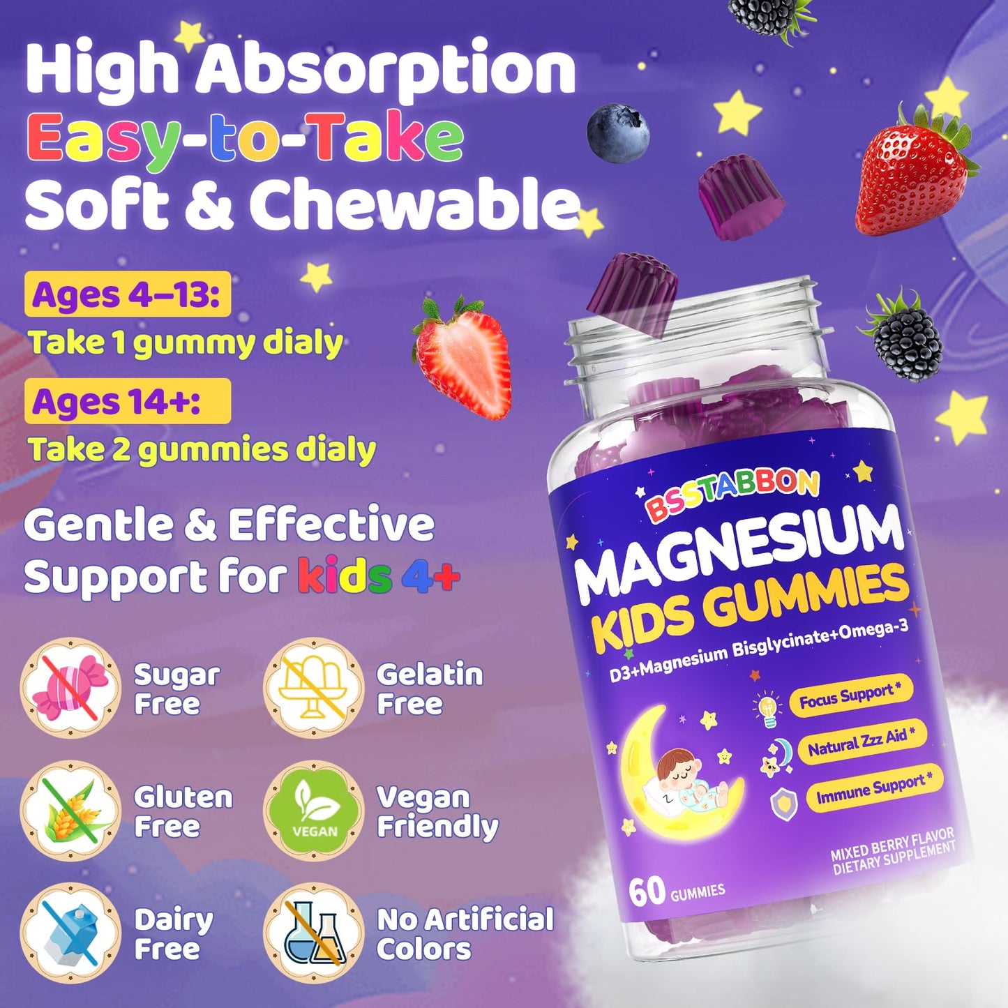 BSSTABBON Kid's 4+ Magnesium Glycinate Gummies 120 Gummies
