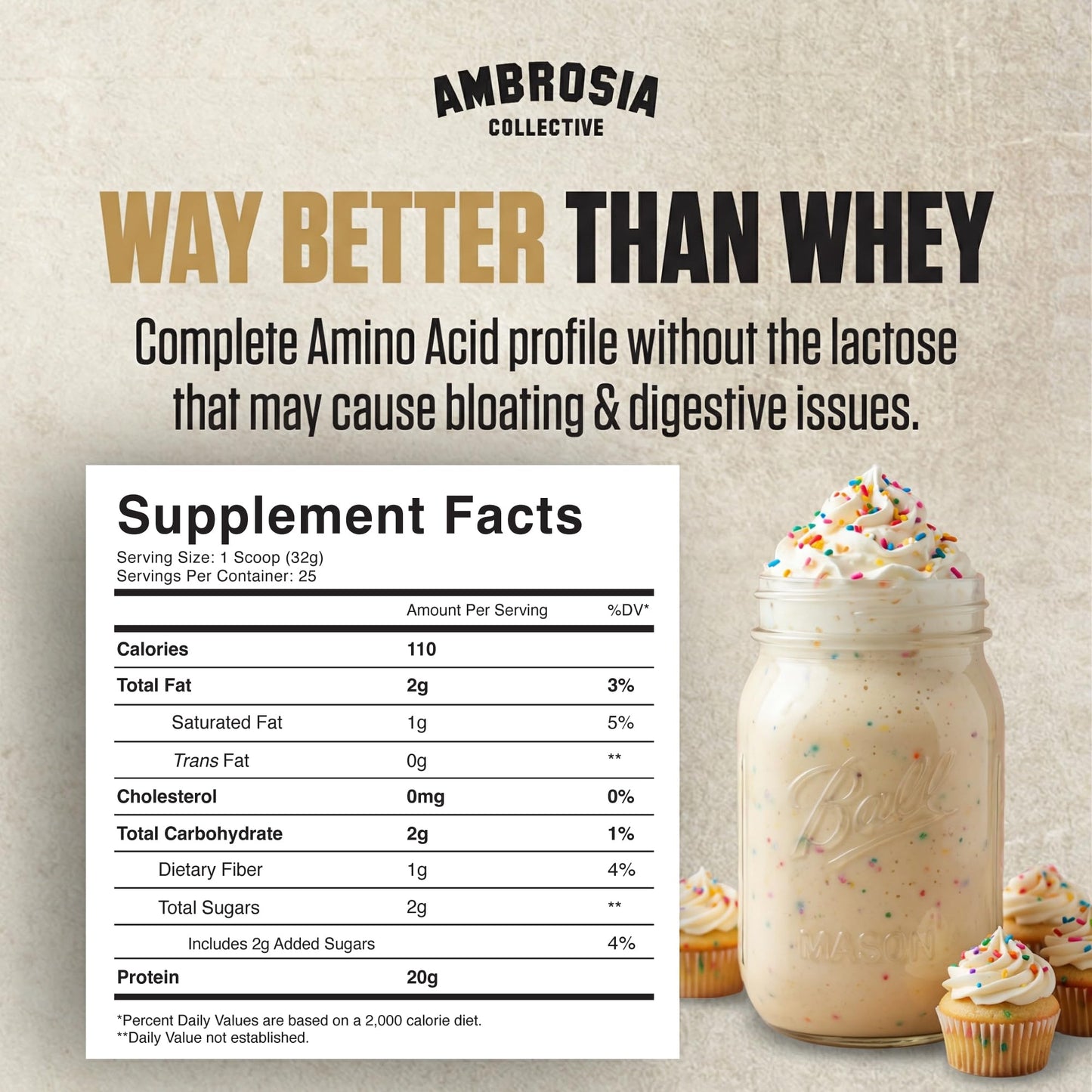 Ambrosia Plant Based Protein Powder Sprinkle Cupcake, 25 Servings