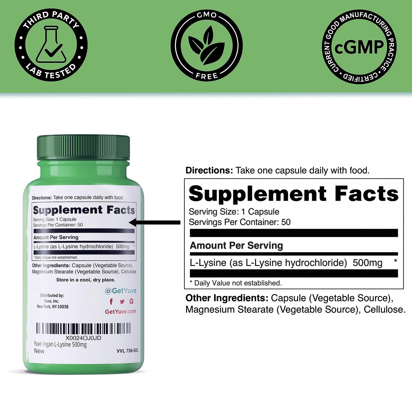 Yuve L-Lysine 500 mg Capsules, 50 Capsules
