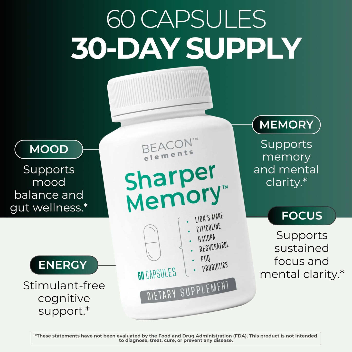 BEACON ELEMENTS Sharper Memory Brain Supplement for Memory & Focus Capsules, 60 Count