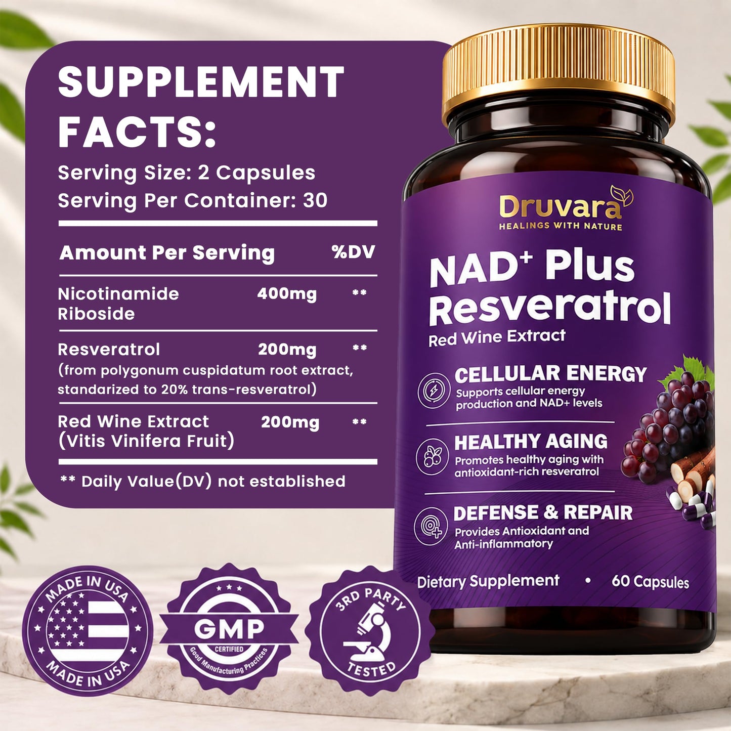 Druvara NAD Resveratrol Supplement Capsules with Red Wine Extract, 60 Count