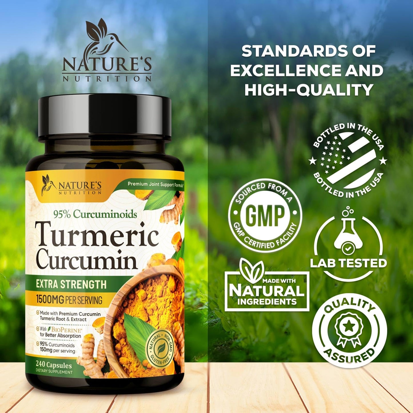Nature's Nutrition Turmeric Curcumin Supplement 1500mg with BioPerine Black Pepper for Absorption, Organic Turmeric & 95% Curcuminoids, Joint & Immune Support, Non-GMO, 240 Capsules