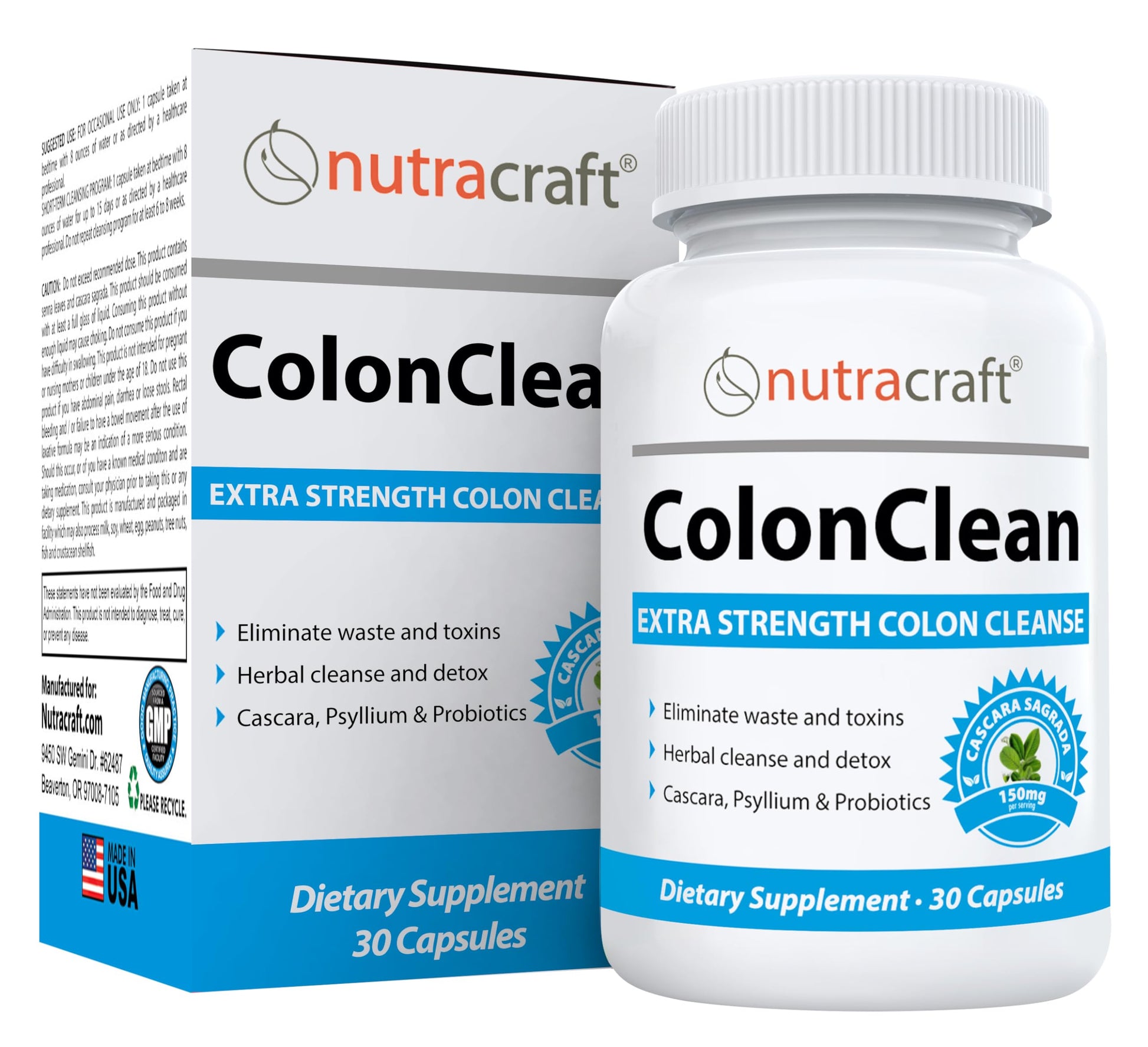 Nutracraft ColonClean #1 Colon Detox and Constipation Relief with Senna, Cascara Sagrada, Psyllium, MCT, Aloe and Probiotics Capsules, 30 Count
