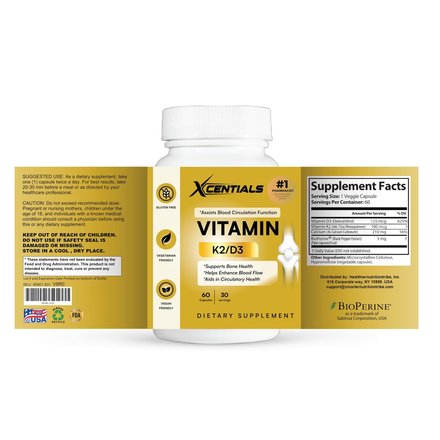 Xcentials Vitamin D3 K2 Supplement Capsule 60 Count