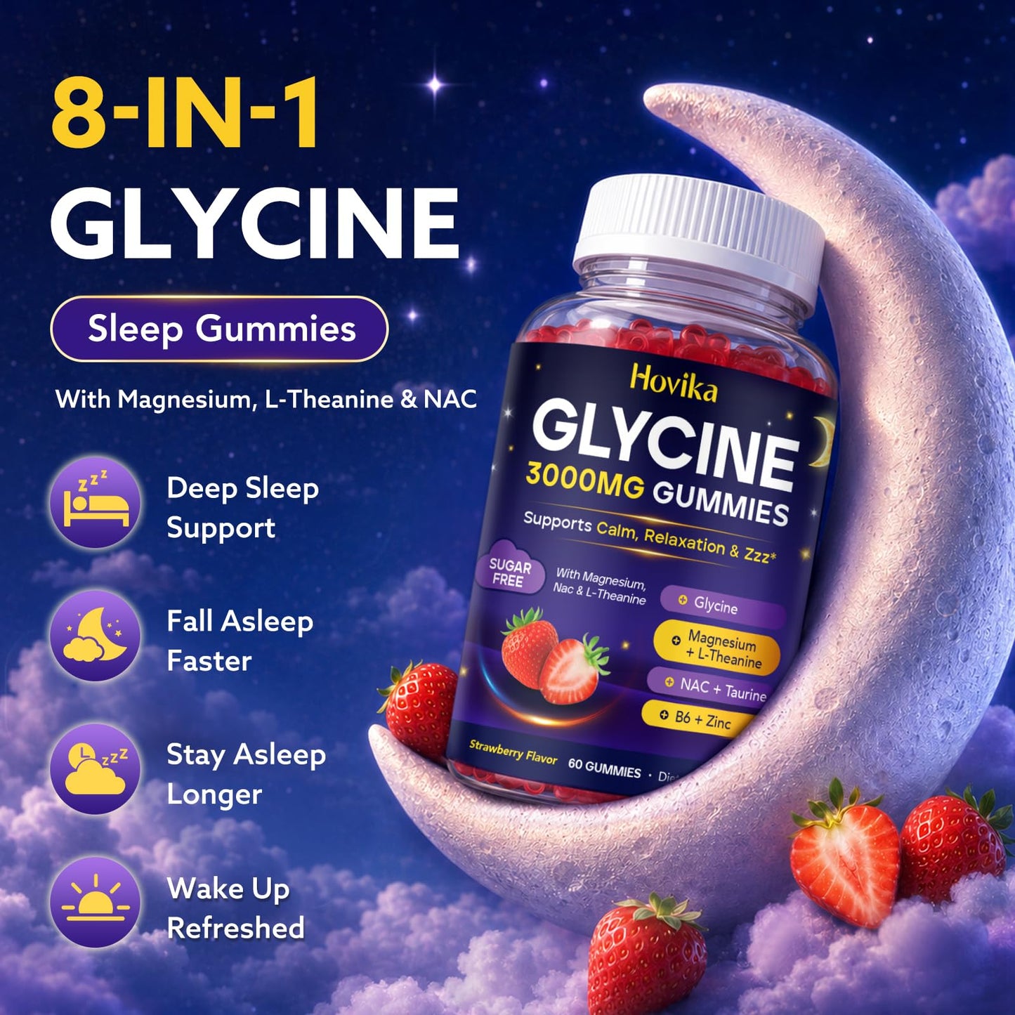 Hovika Glycine Gummies with Magnesium Glycinate, NAC, Taurine, L-Theanine, GABA, Zinc for Sleep, Nerve & Brain Support, Vegan Strawberry Flavor, 60 Gummies
