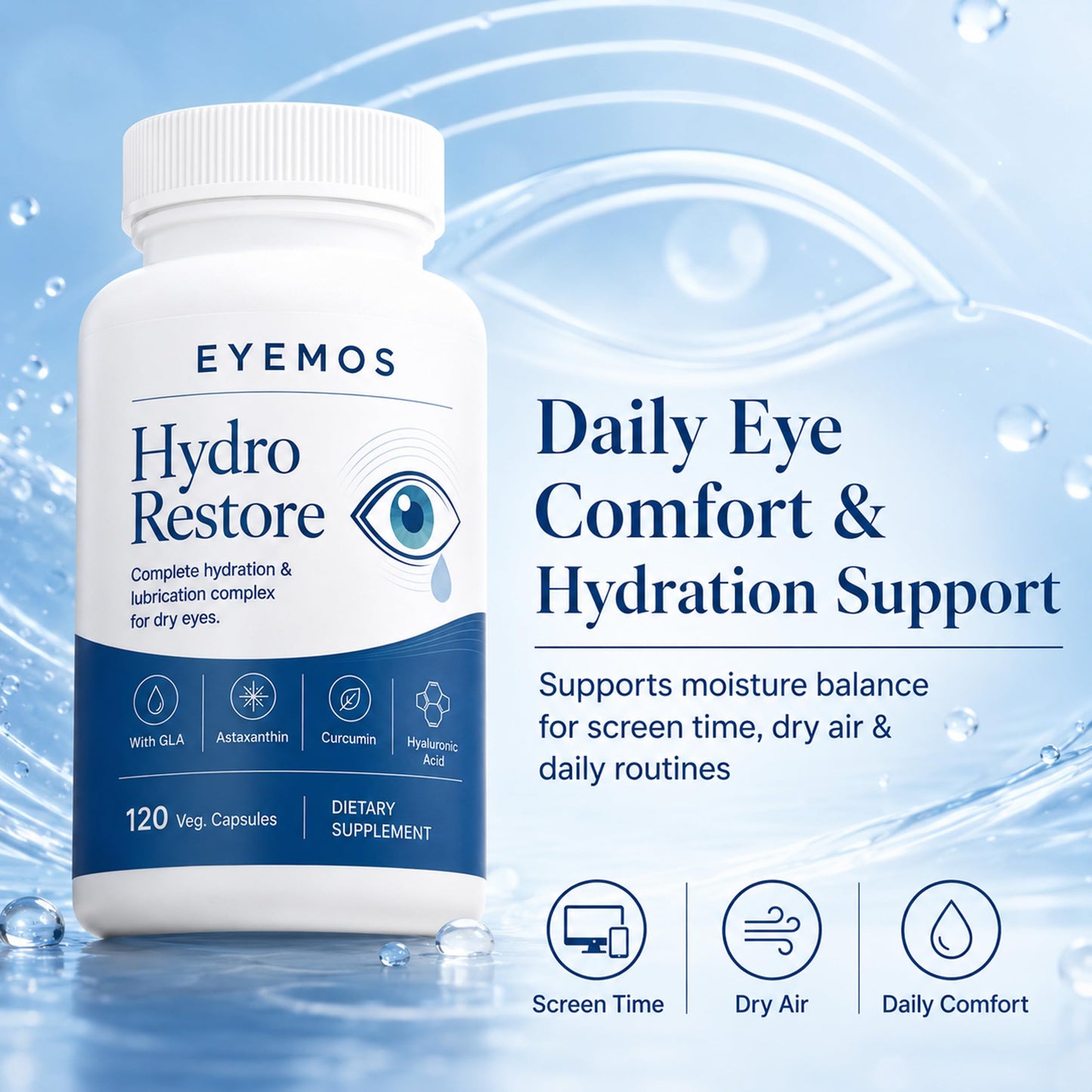 eyemos Hydro Restore Dry Eye Comfort Support with Hyaluronic Acid, GLA, Astaxanthin, Lutein & Zeaxanthin Tear Film & Dry Air Eye Support Capsule, Pack of 1
