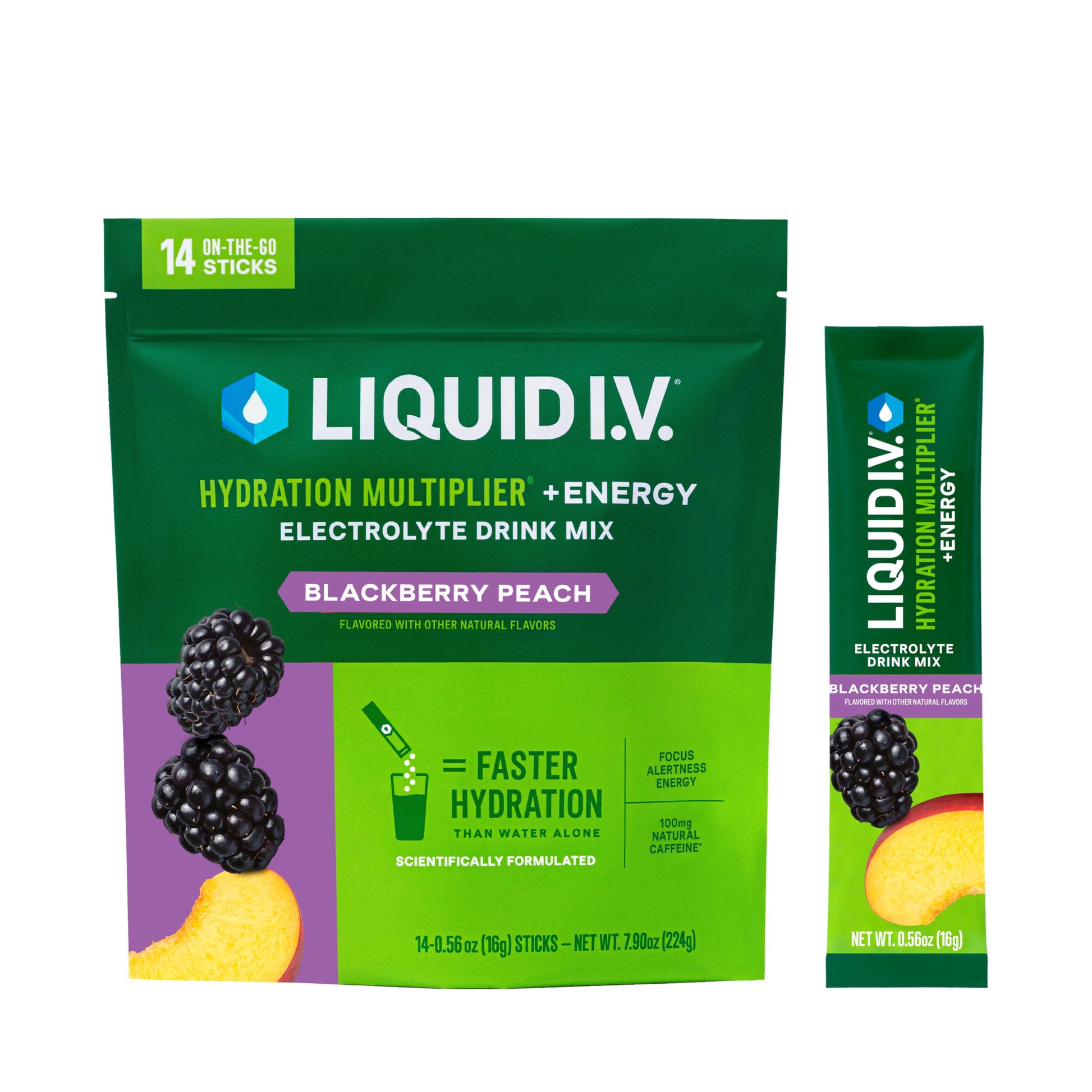 Liquid I.V. Hydration + Energy Electrolytes Powder, BlackBerry Peach, 14 Count