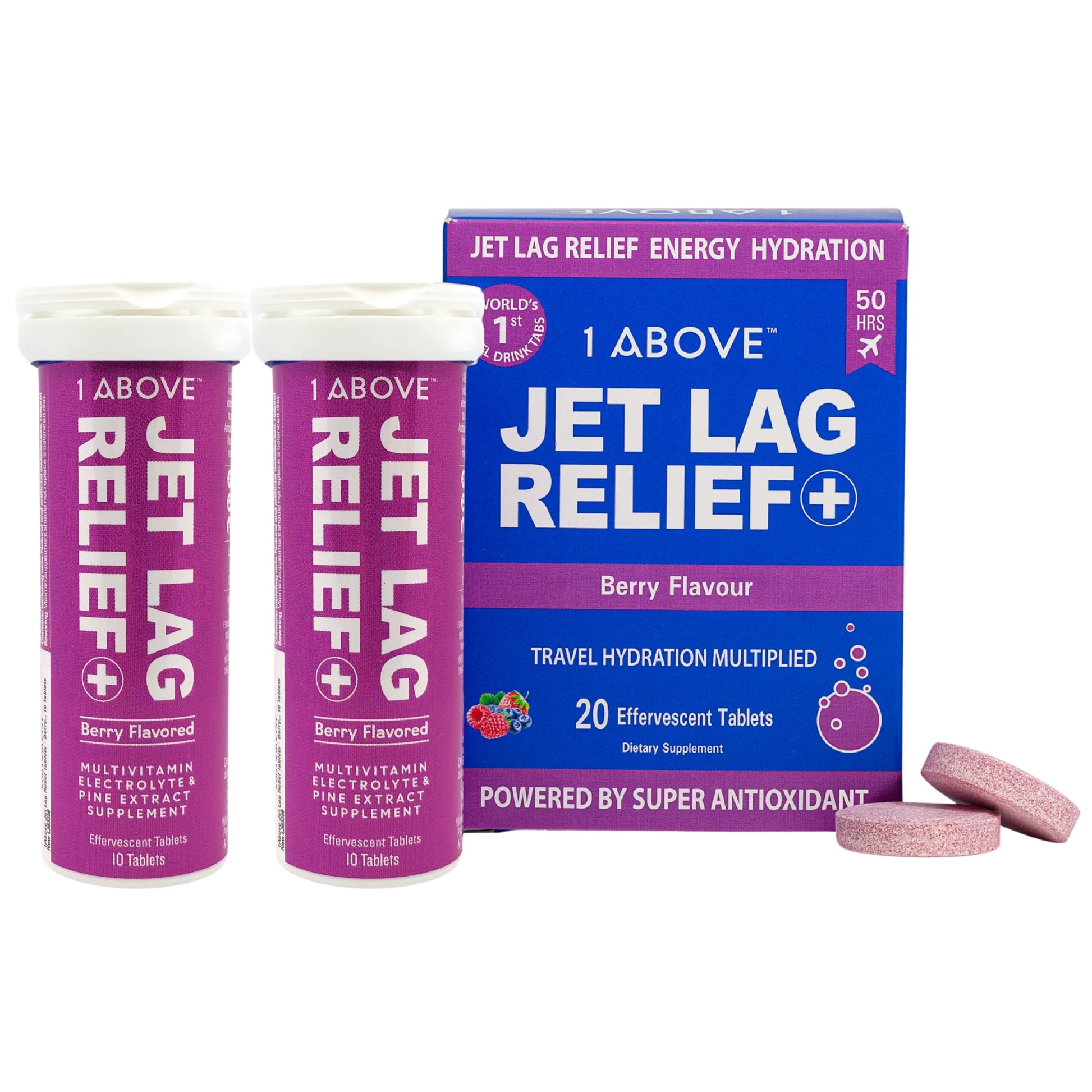 1ABOVE Jet Lag Relief Tablets, Berry-Flavored Effervescent Multivitamin with Pycnogenol Travel Supplement for Hydration, Energy, Immune Support and Faster Recovery, 20 Tablets