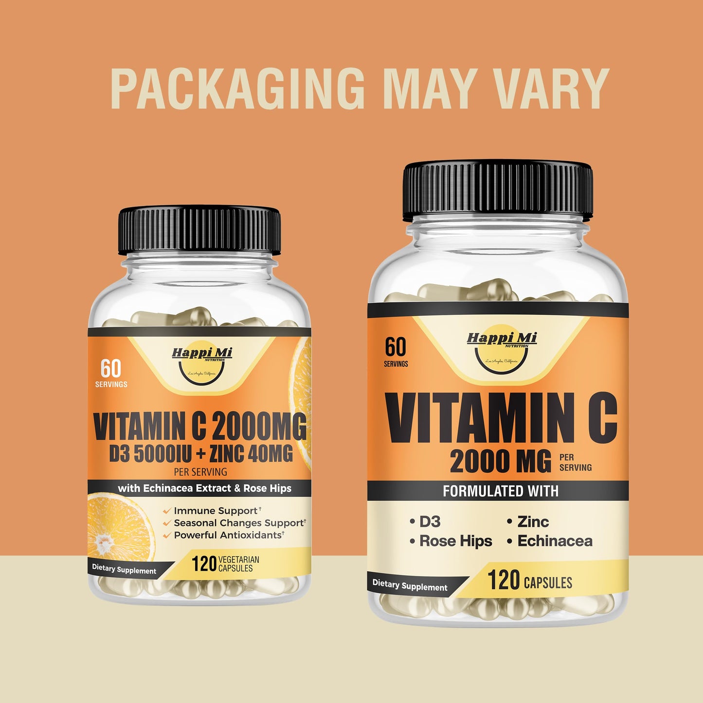 Happi Mi Nutrition Vitamin C 2000mg with Zinc 40mg & Vitamin D3 5000 IU – Echinacea Extract & Rose Hip, 120 Vegan Capsules