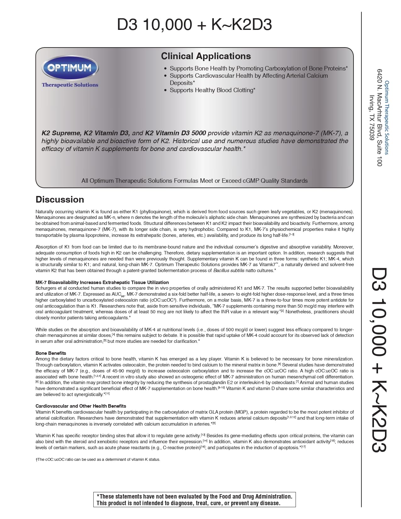 Optimum Therapeutic Solutions D3 10,000 + K Capsule, 60 Count