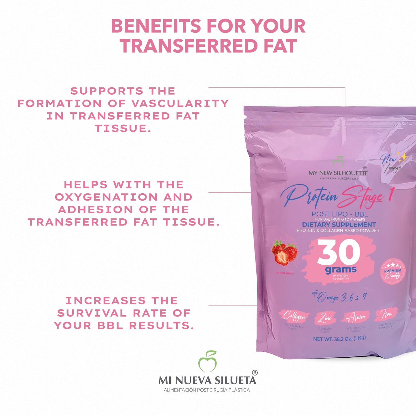 MI NUEVA SILUETA My New Silhouette Stage 1 Isolated Medical-Grade Whey Protein Powder with Omega 3, 6, and 9, 30 g per Serving, Strawberry, 2.2 lb