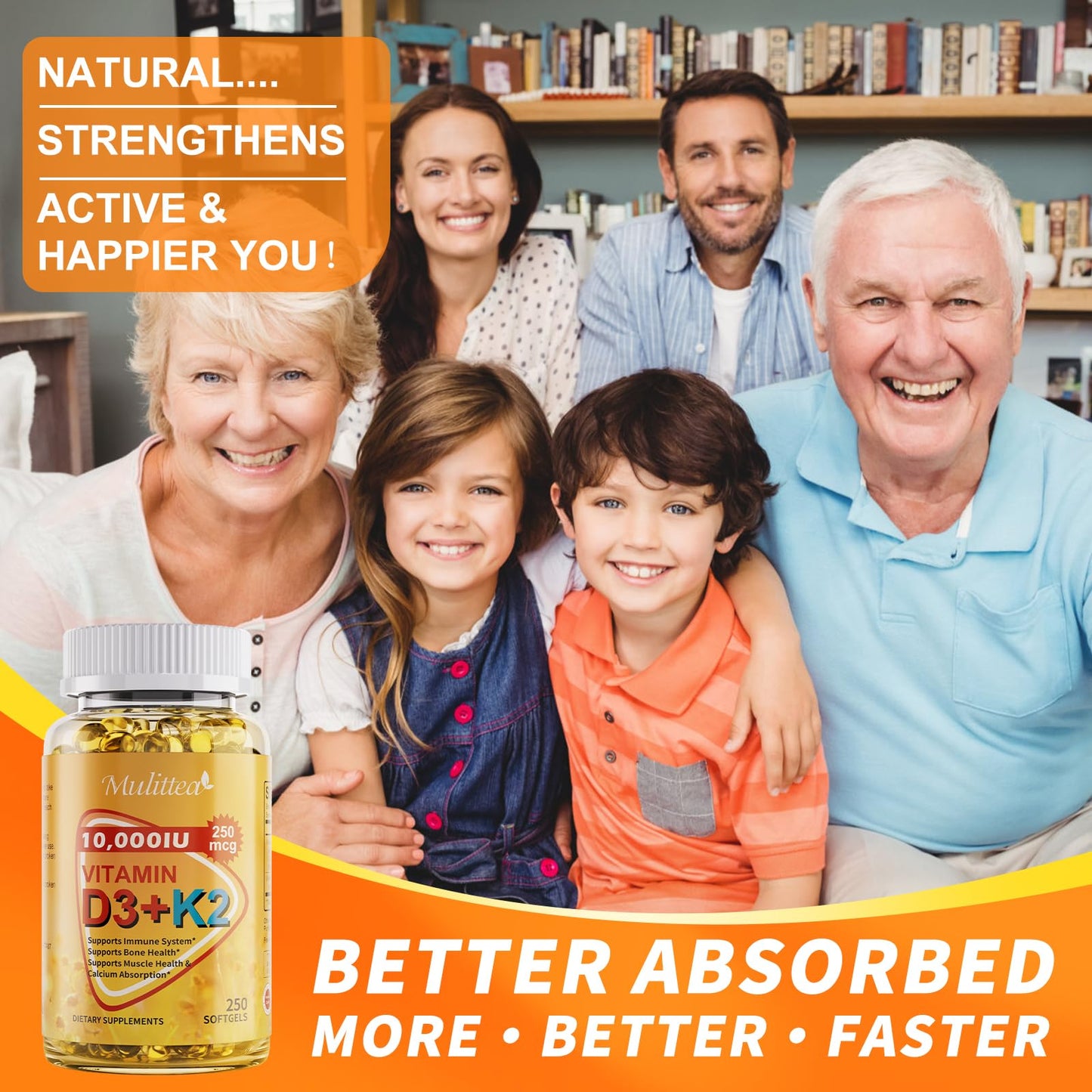 Mulittea Vitamin D3 K2 10000 IU w/ MK7 for Bone, Immune & Heart Health Softgels, 250