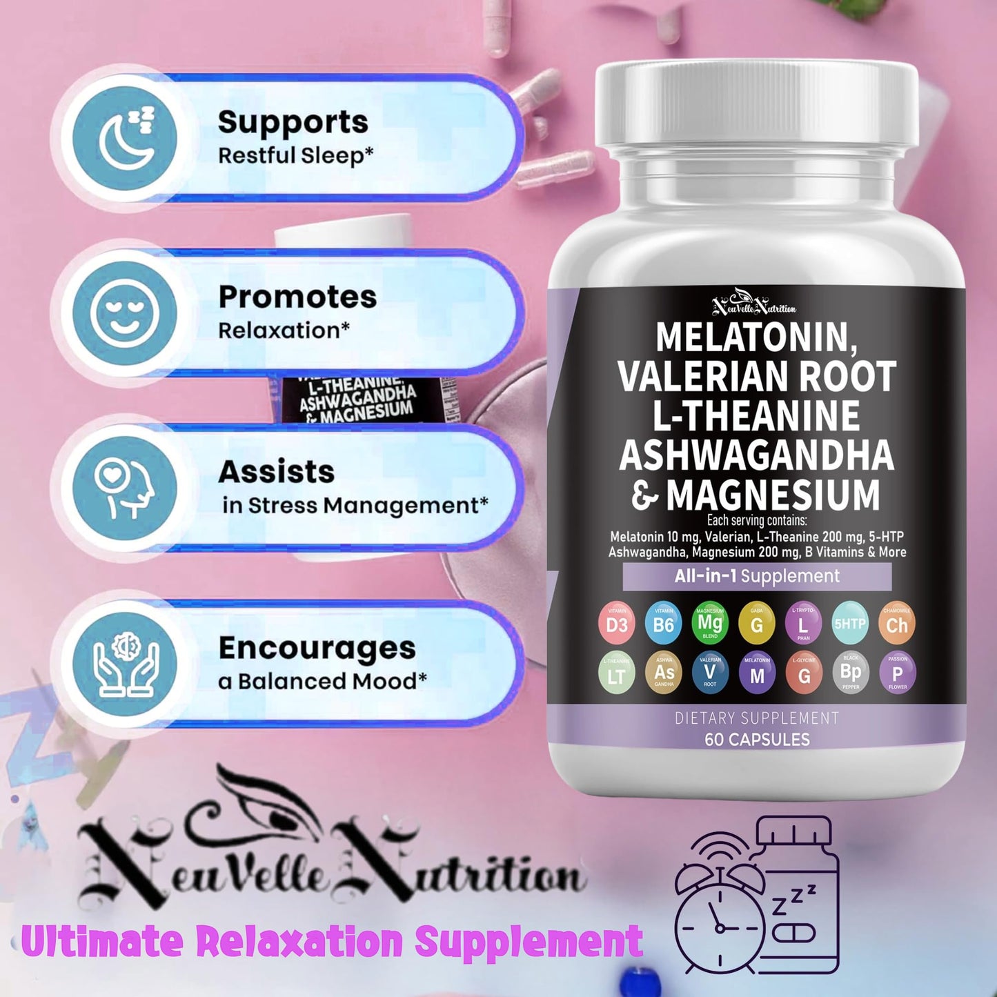 NeuVelleNutrition Melatonin Capsules with Valerian Root, Ashwagandha, L-Theanine, Magnesium, 5-HTP, GABA, Chamomile, Lemon Balm, Passion Flower, Griffonia Extract, Vitamin C & L-Glycine Supplement, 60 Count
