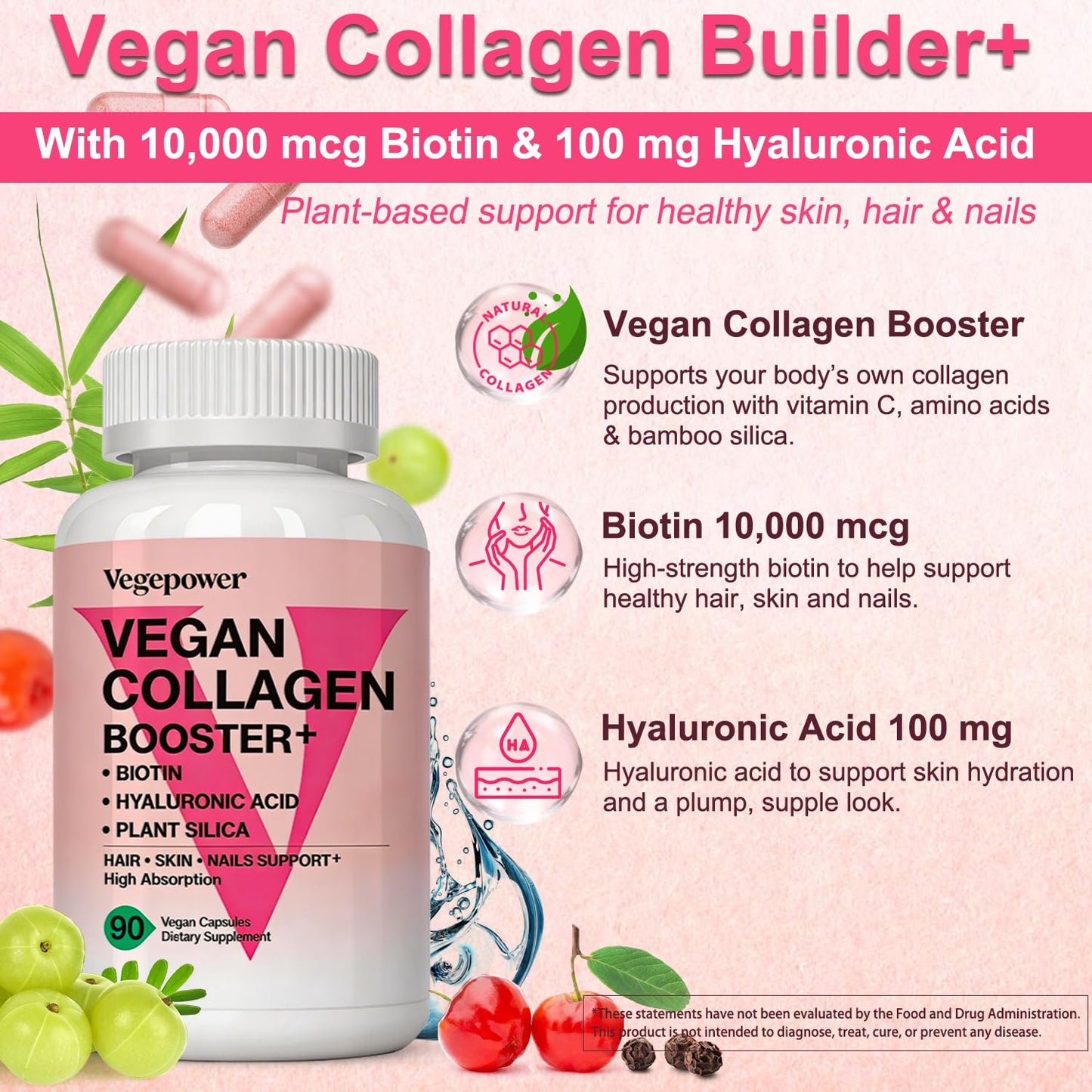 VEGEPOWER Vegan Collagen Booster with Biotin 10,000 mcg, Hyaluronic Acid, Bamboo Silica, Vitamin C & Zinc, Plant Based Hair Skin & Nails Support, 90 Capsules