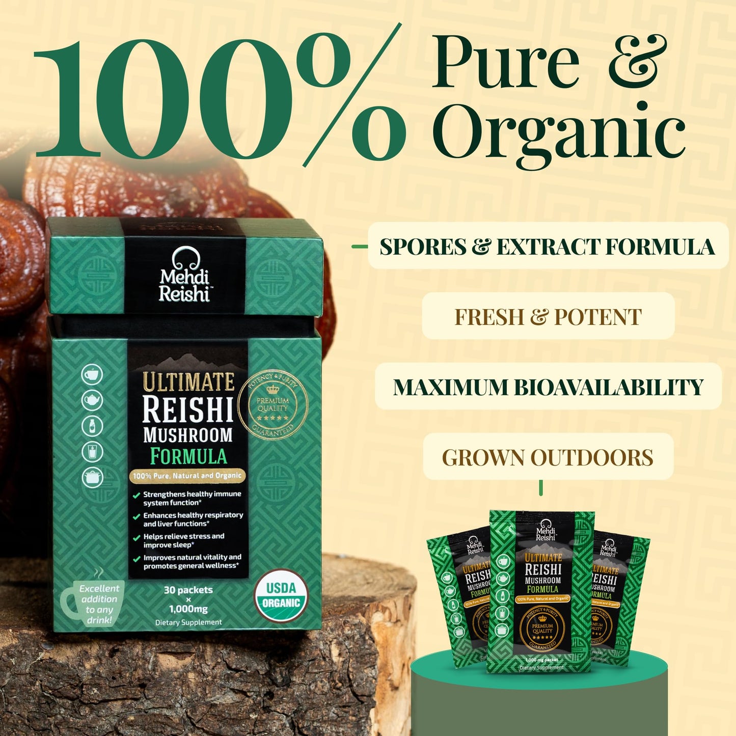Mehdi Reishi Ultimate Reishi Spores & Extract - Triterpenes & Beta-Glucans Powder 30 Count