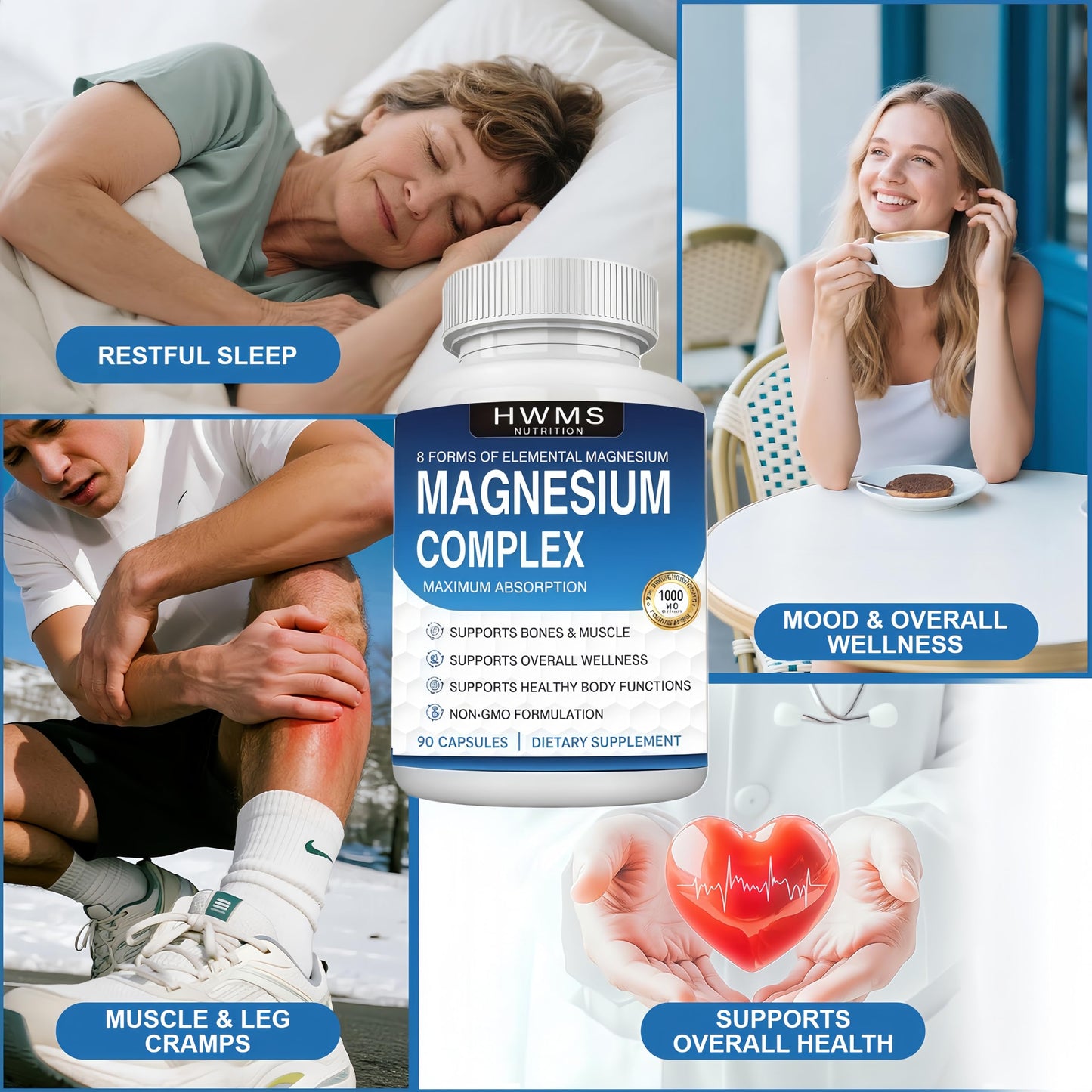 HWMS Magnesium Complex 8 Elemental 1000mg Magnesium Glycinate, Taurate, Malate Chelated for Easy Absorption for Bones, Muscle, Recovery, Energy, Vegan Non-GMO 90 Capsules