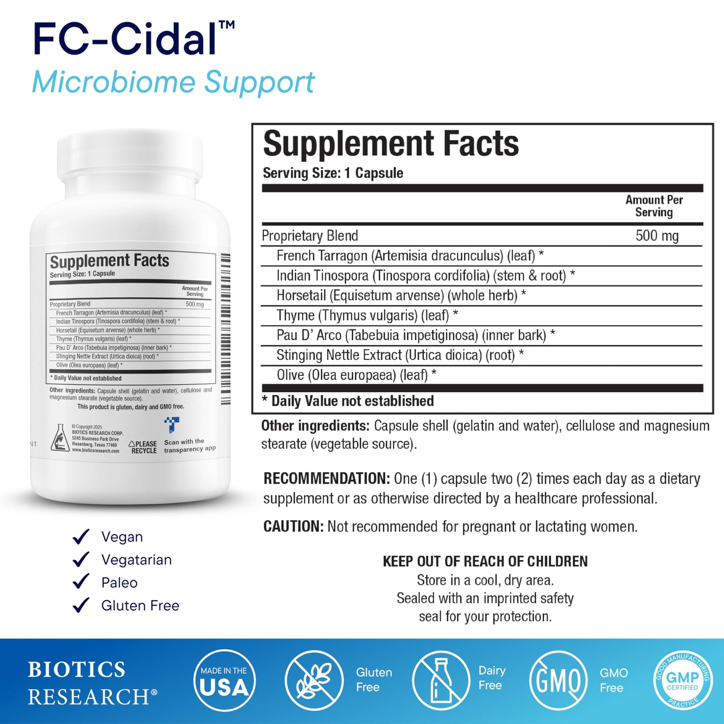 BIOTICS RESEARCH FC Cidal Herbal Blend Complete GI Gut Health Capsule 120 Count