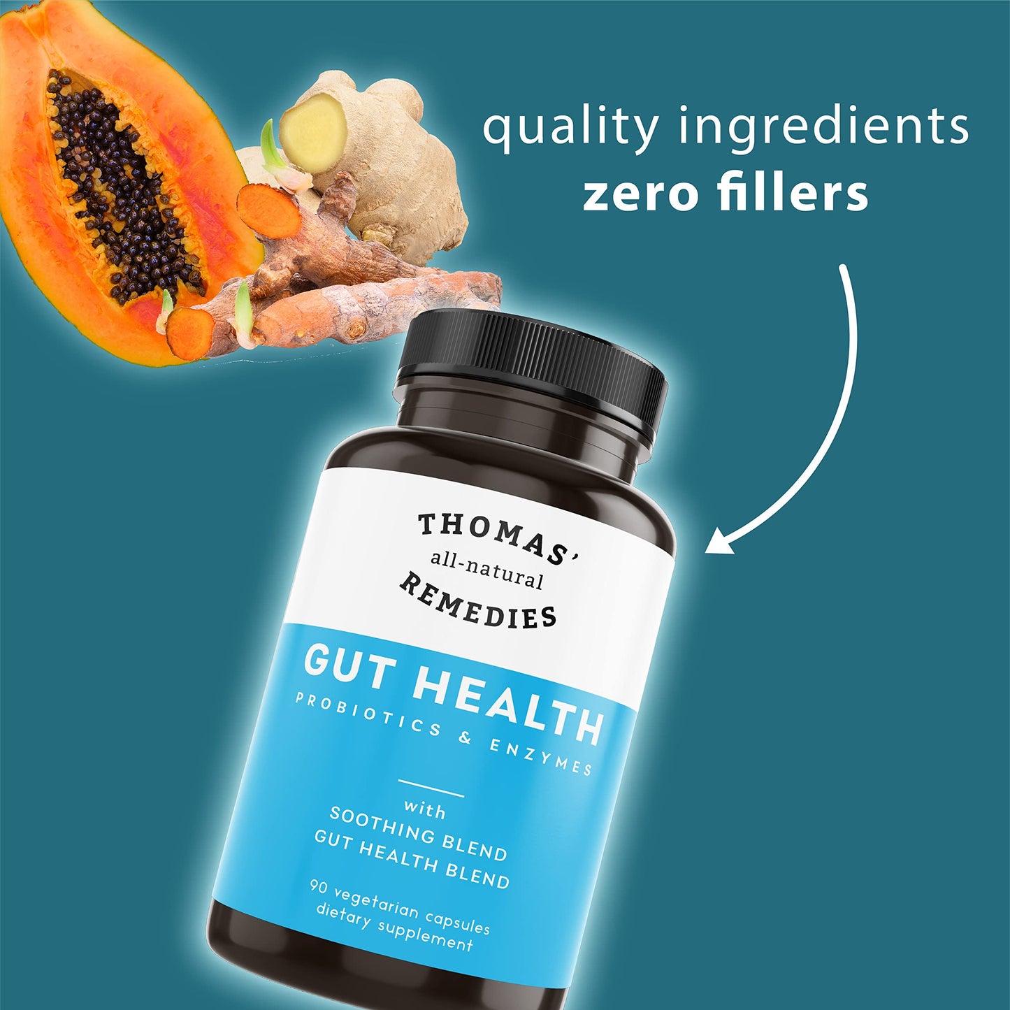 Thomas' all-natural Remedies Gut Health with Digestive Enzymes, Probiotics, Ginger, Papaya, and Turmeric for Digestion and Bloating Relieve Capsules, 90 Capsules